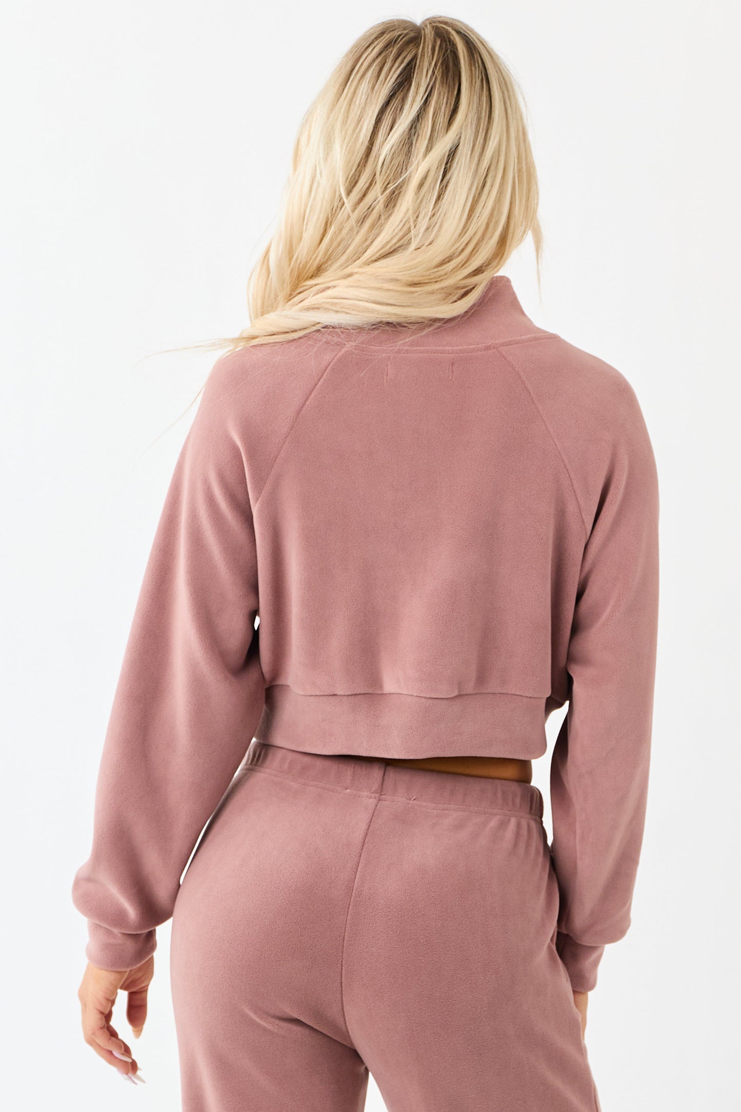 Dusty Rose Fleece Cropped Zip Up Collared Jacket
