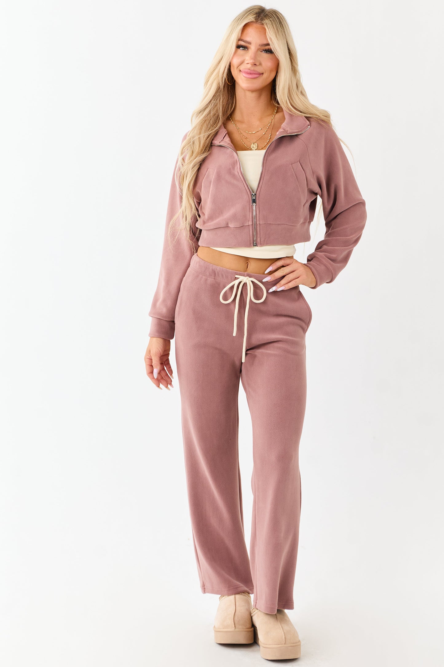 Dusty Rose Fleece Wide Leg Drawstring Pants