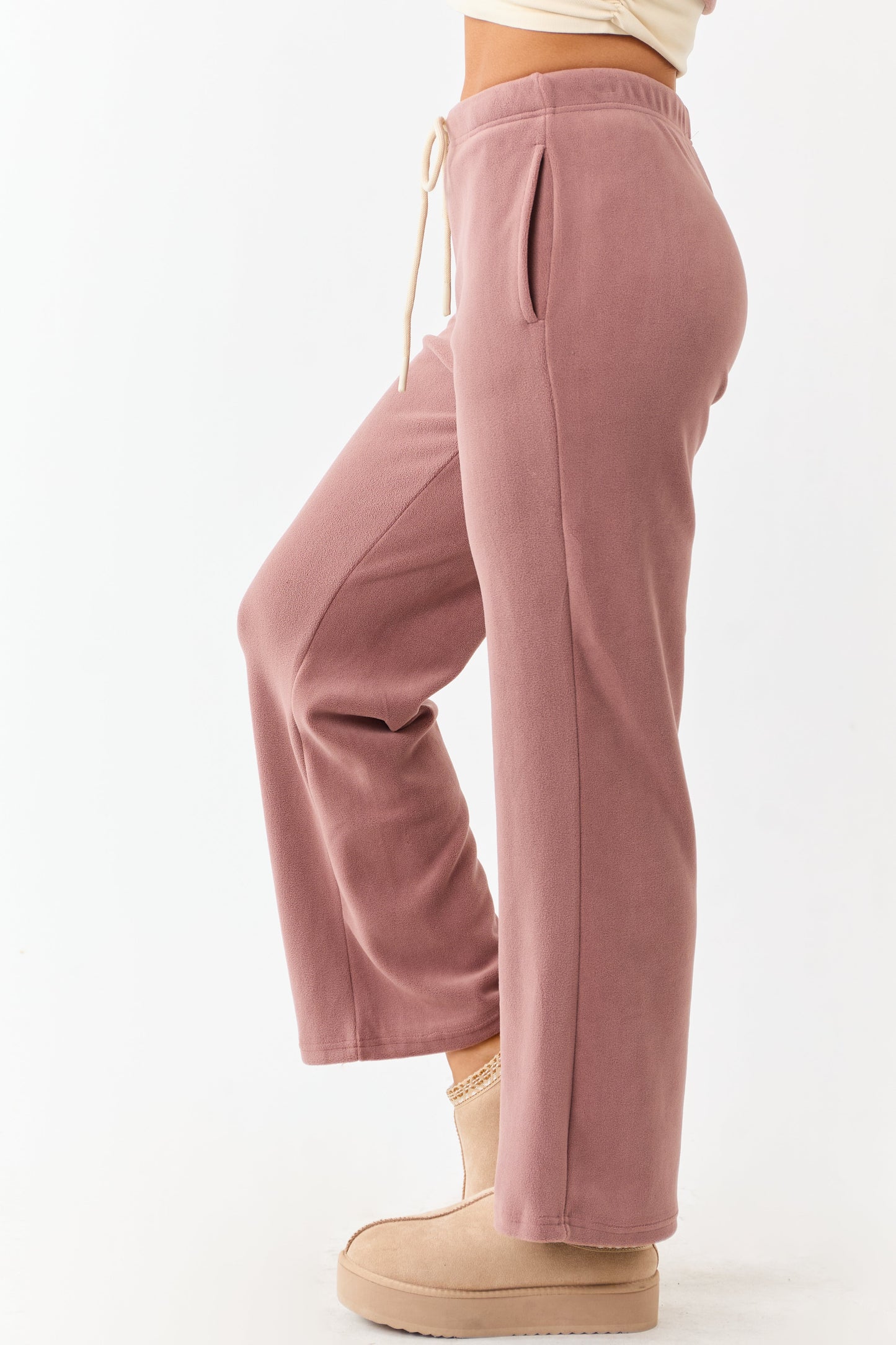Dusty Rose Fleece Wide Leg Drawstring Pants