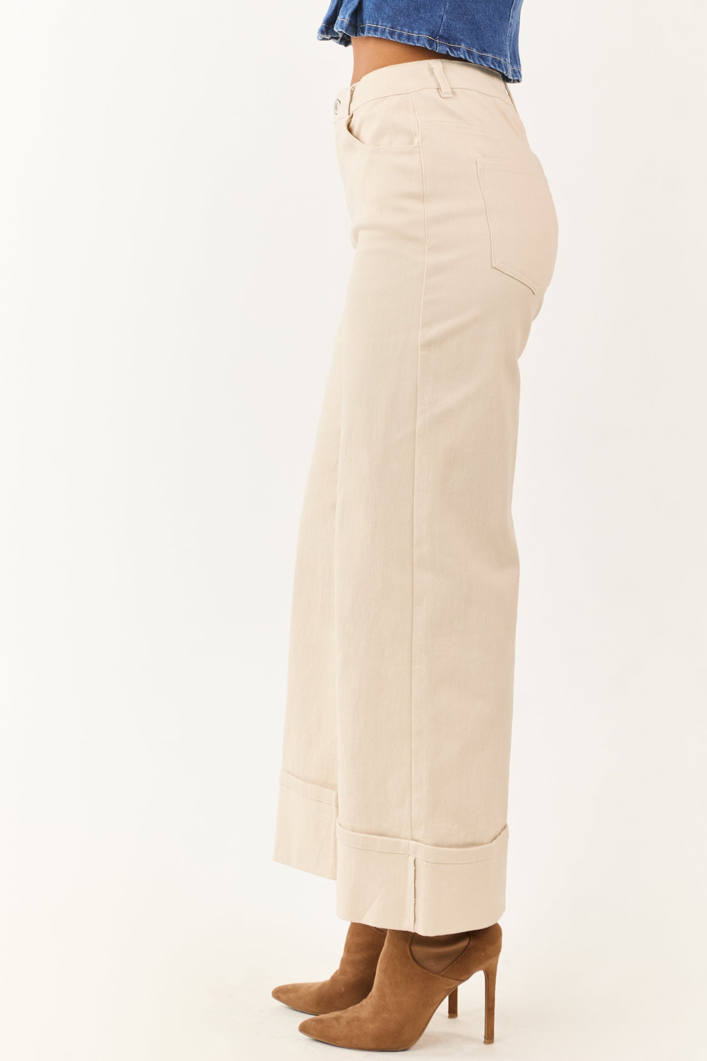 Entro Almond High Rise Cuffed Wide Leg Stretchy Jeans