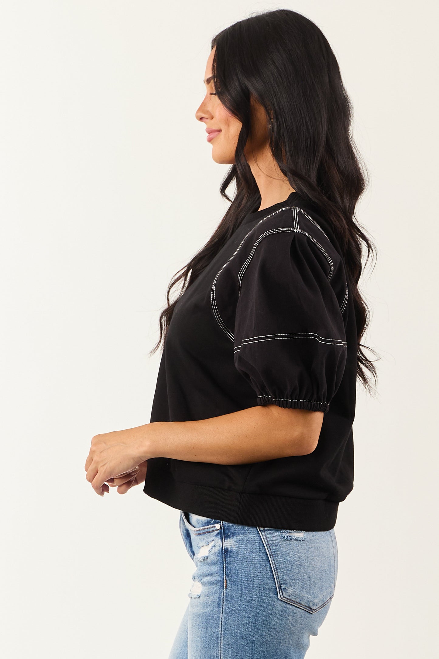 Entro Black Half Puff Sleeve Contrast Seam Cotton Top