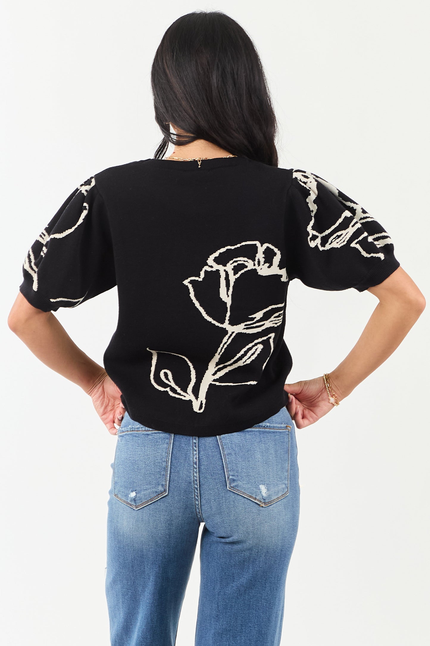 Entro Black Rose Graphic Puff Sleeve Sweater Top
