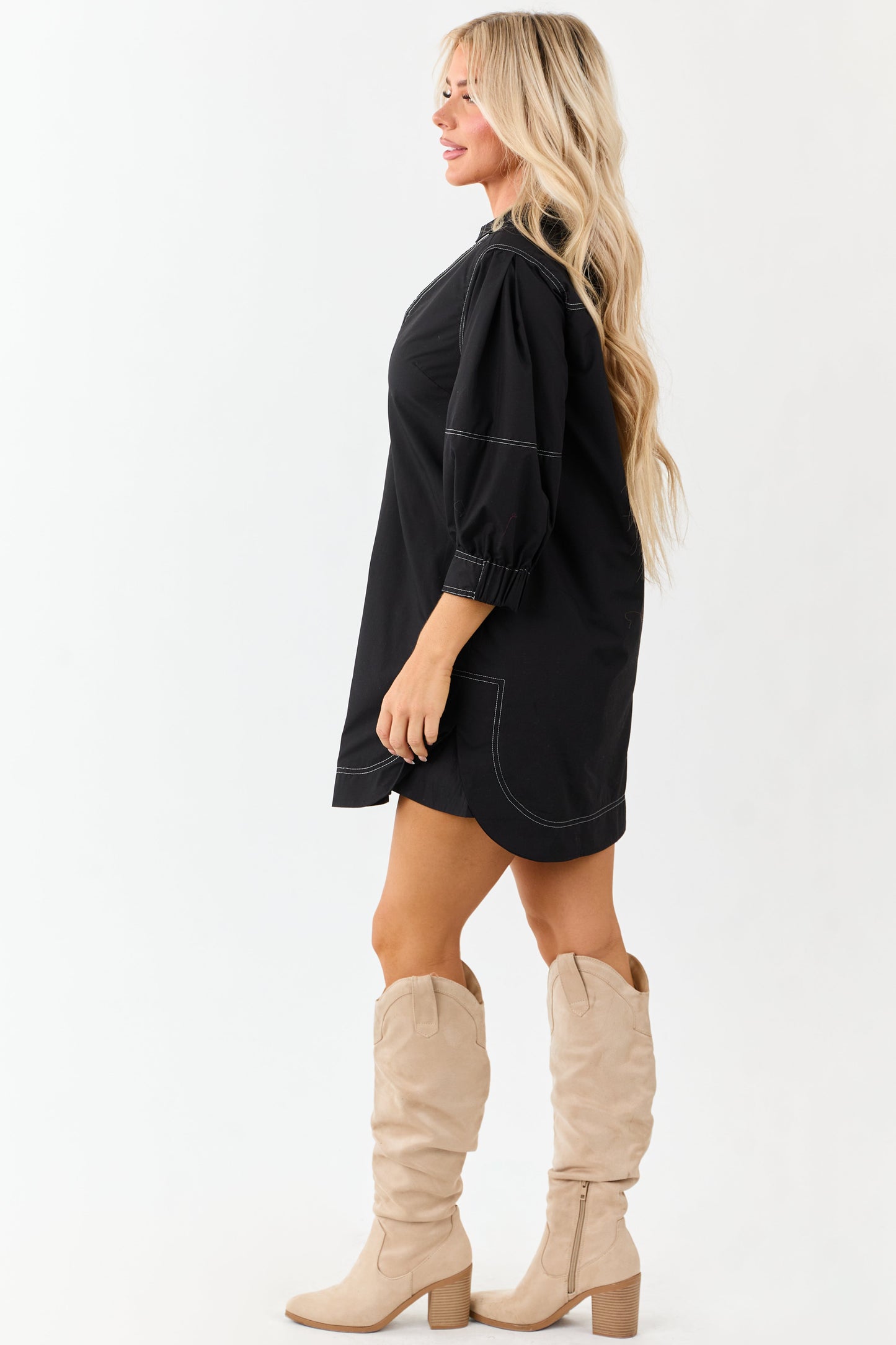 Entro Black Zip Up Collared 3/4 Sleeve Mini Dress