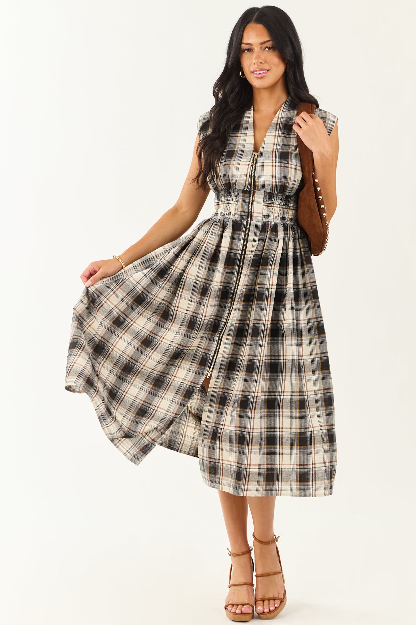 Entro Black and Cream Plaid Cotton Midi Dress