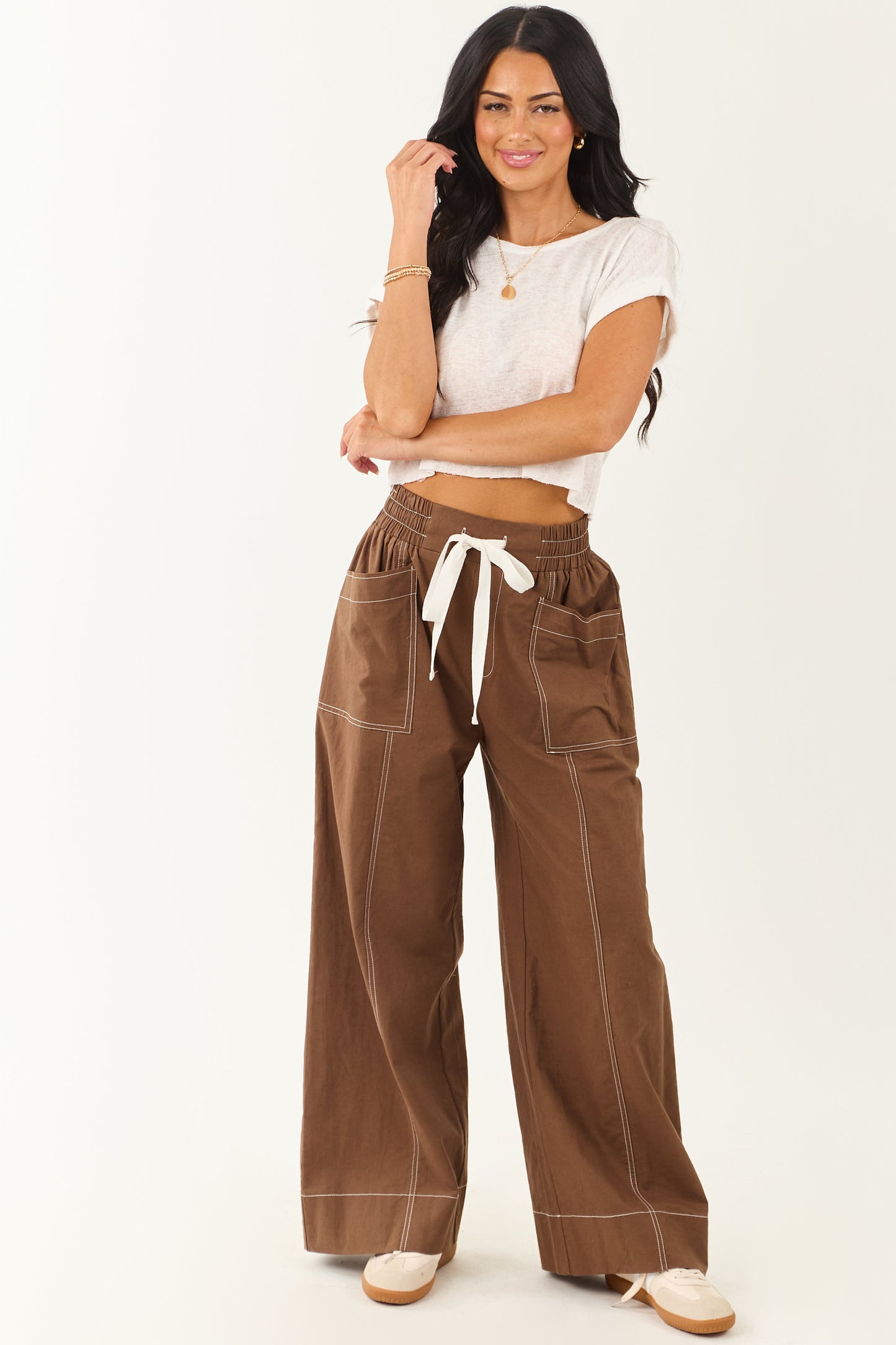 Entro Coffee Drawstring Waist Wide Leg Pants