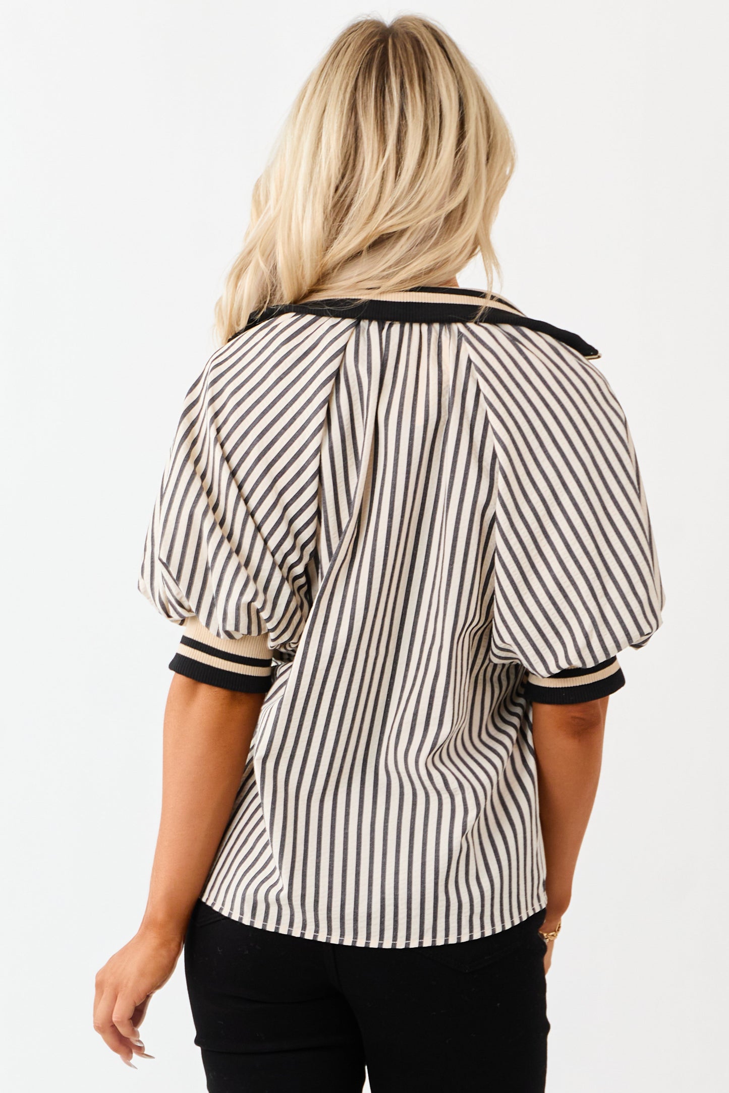 Entro Cream and Black Striped Half Puff Sleeve Top
