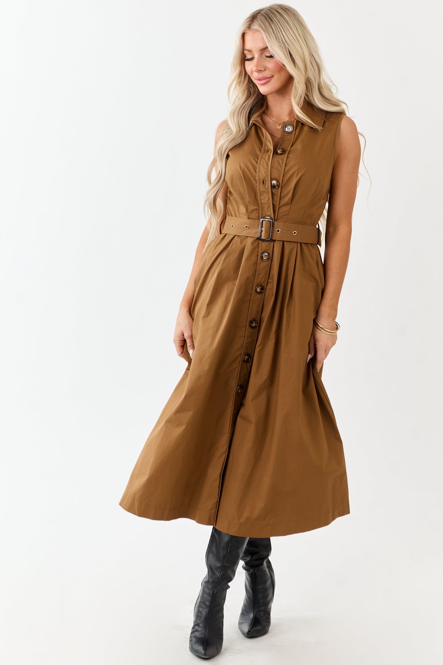 Entro Deep Caramel Button Down Cotton Midi Dress