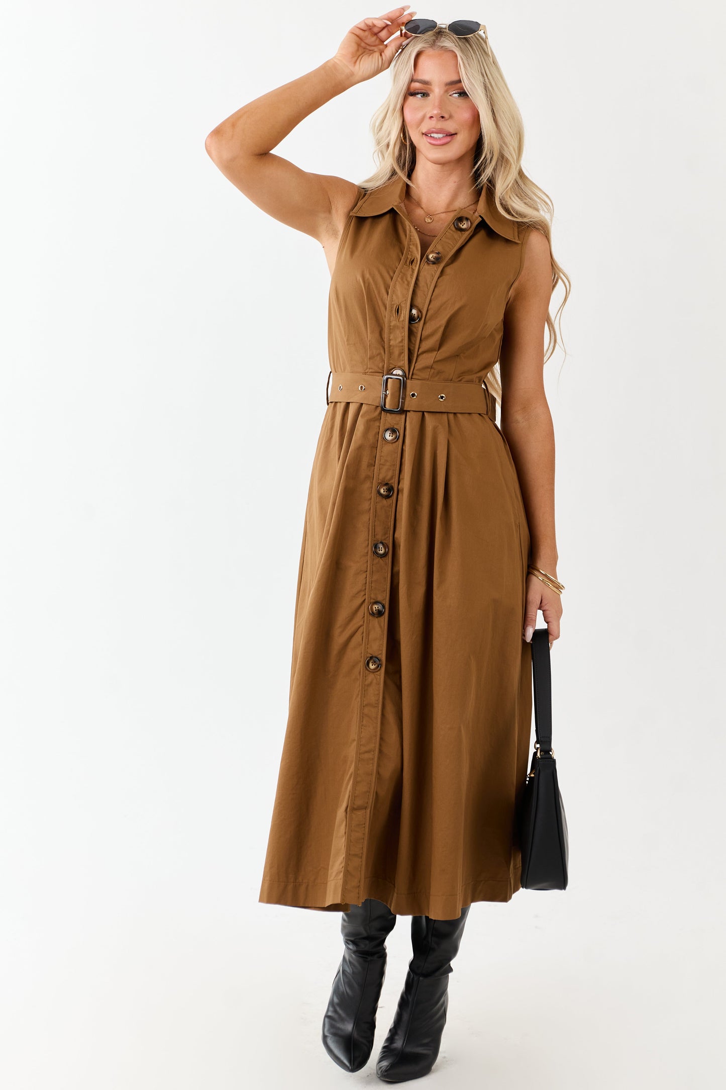 Entro Deep Caramel Button Down Cotton Midi Dress
