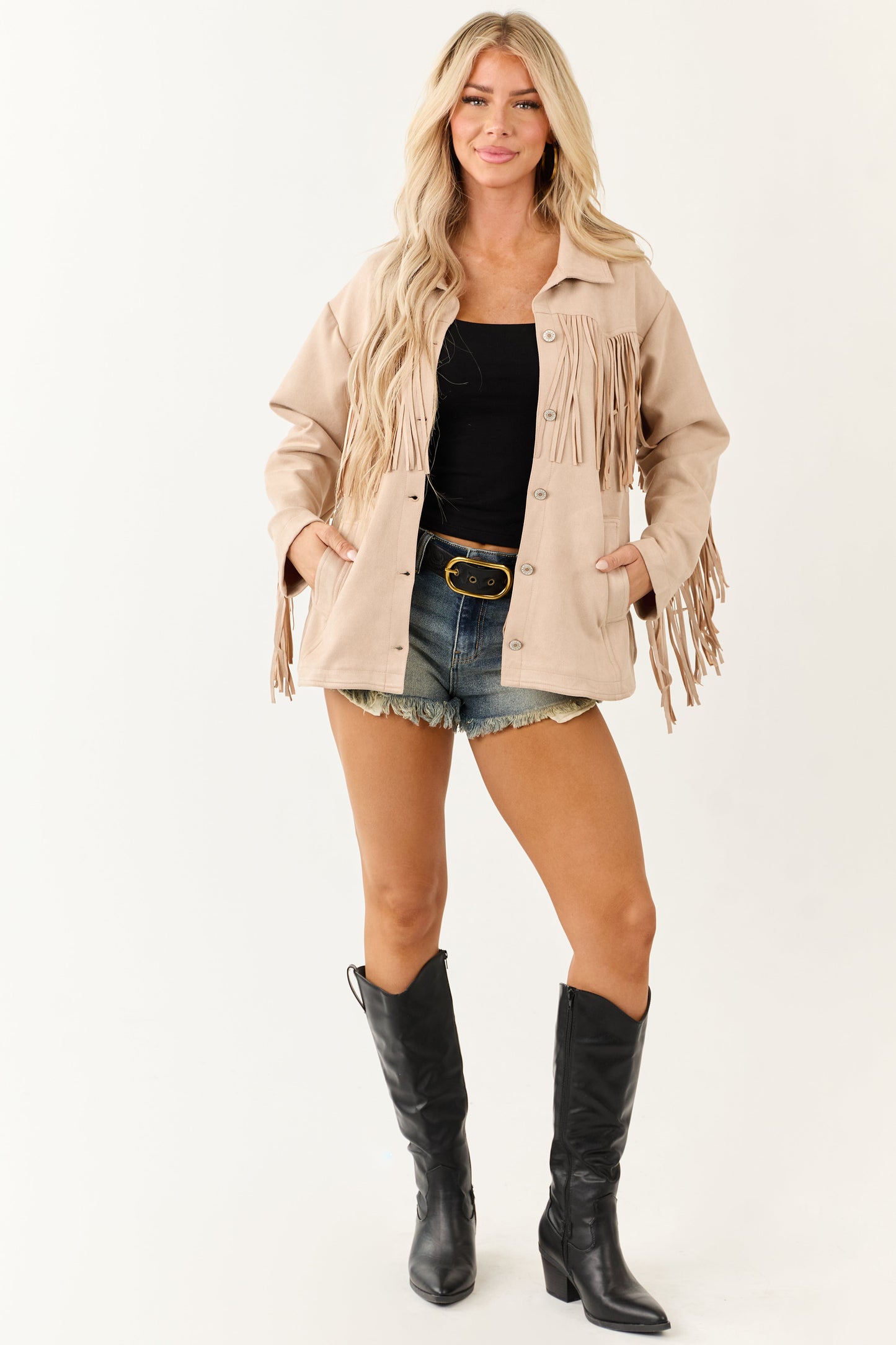 Entro Desert Sand Faux Suede Fringe Jacket