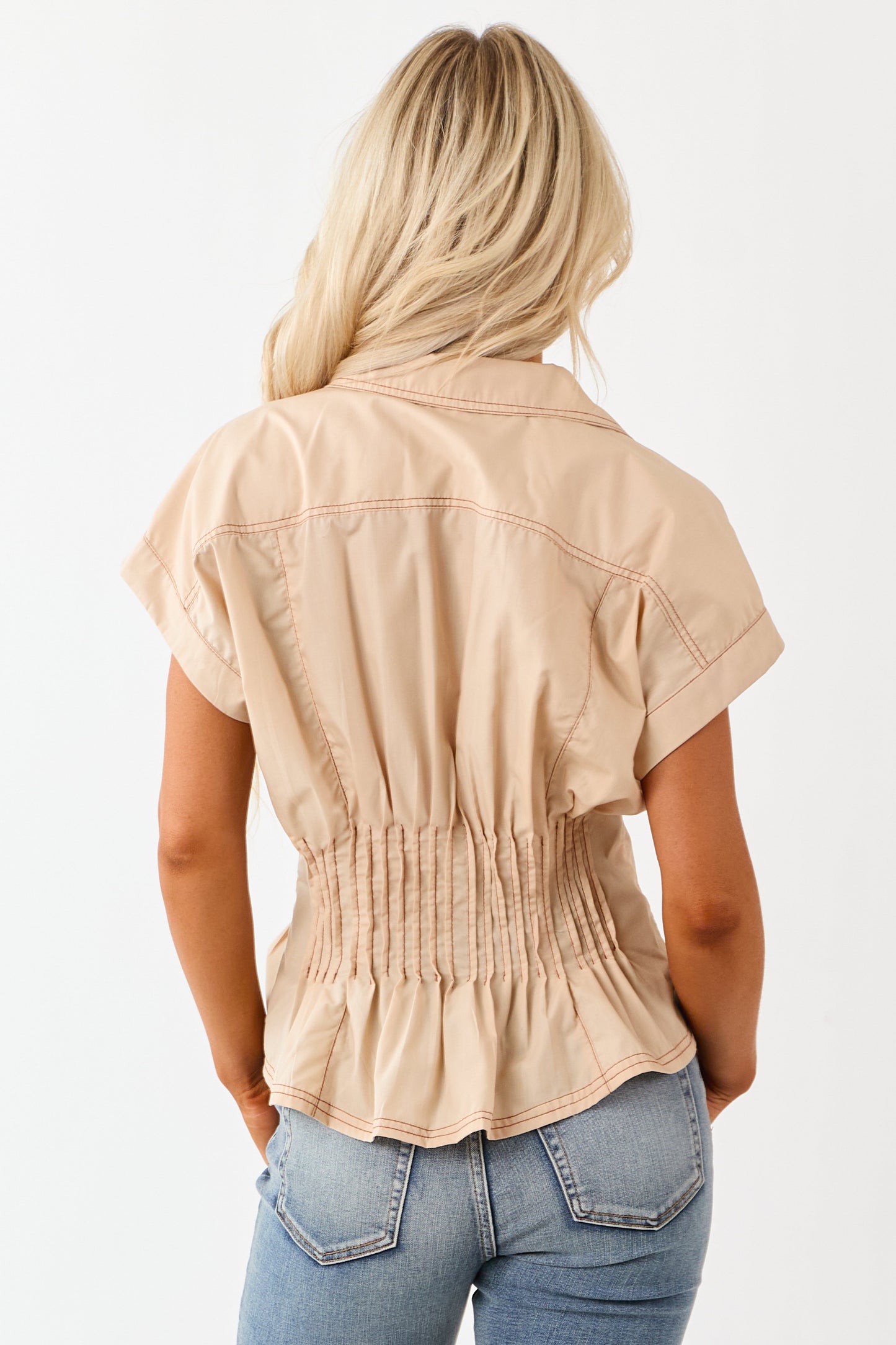 Entro Desert Sand Pintuck Waist Button Up Blouse