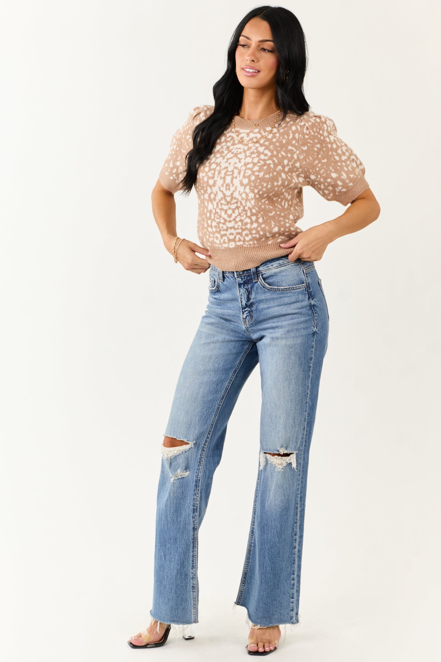 Entro Latte Abstract Print Short Sleeve Sweater Top