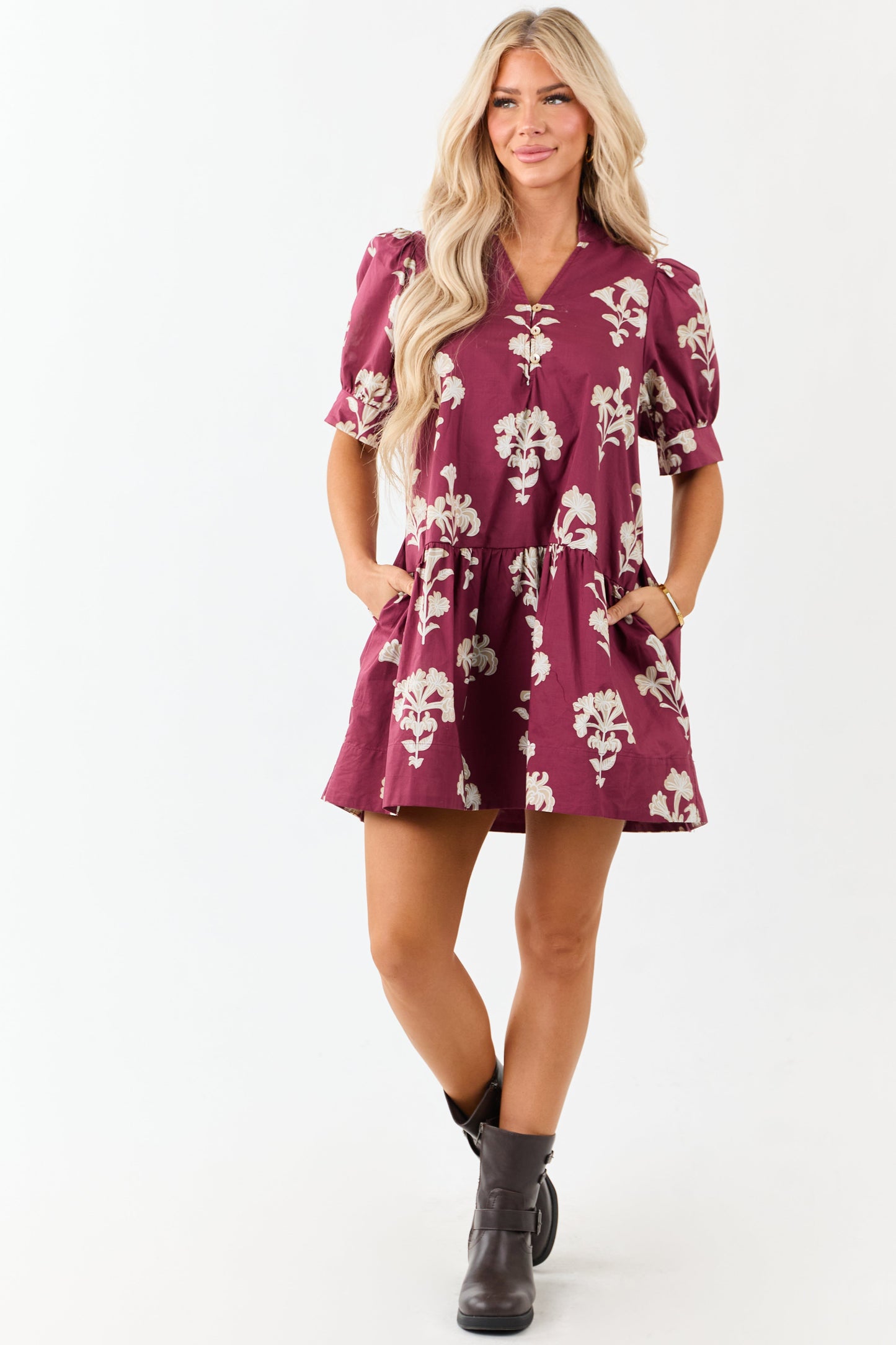 Entro Maroon Floral Puff Sleeve Cotton Mini Dress