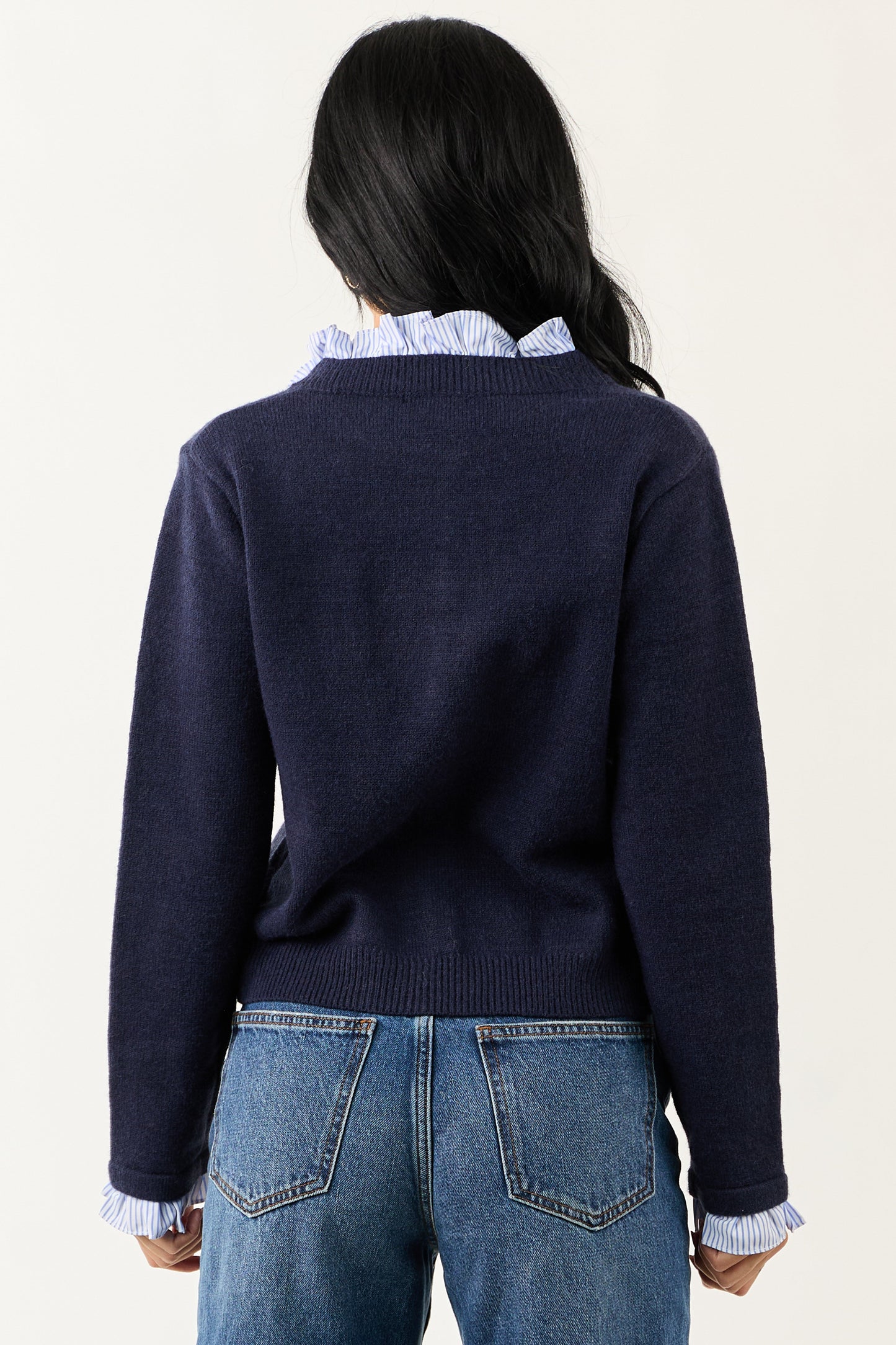 Entro Navy Contrast Ruffle Button Down Cardigan