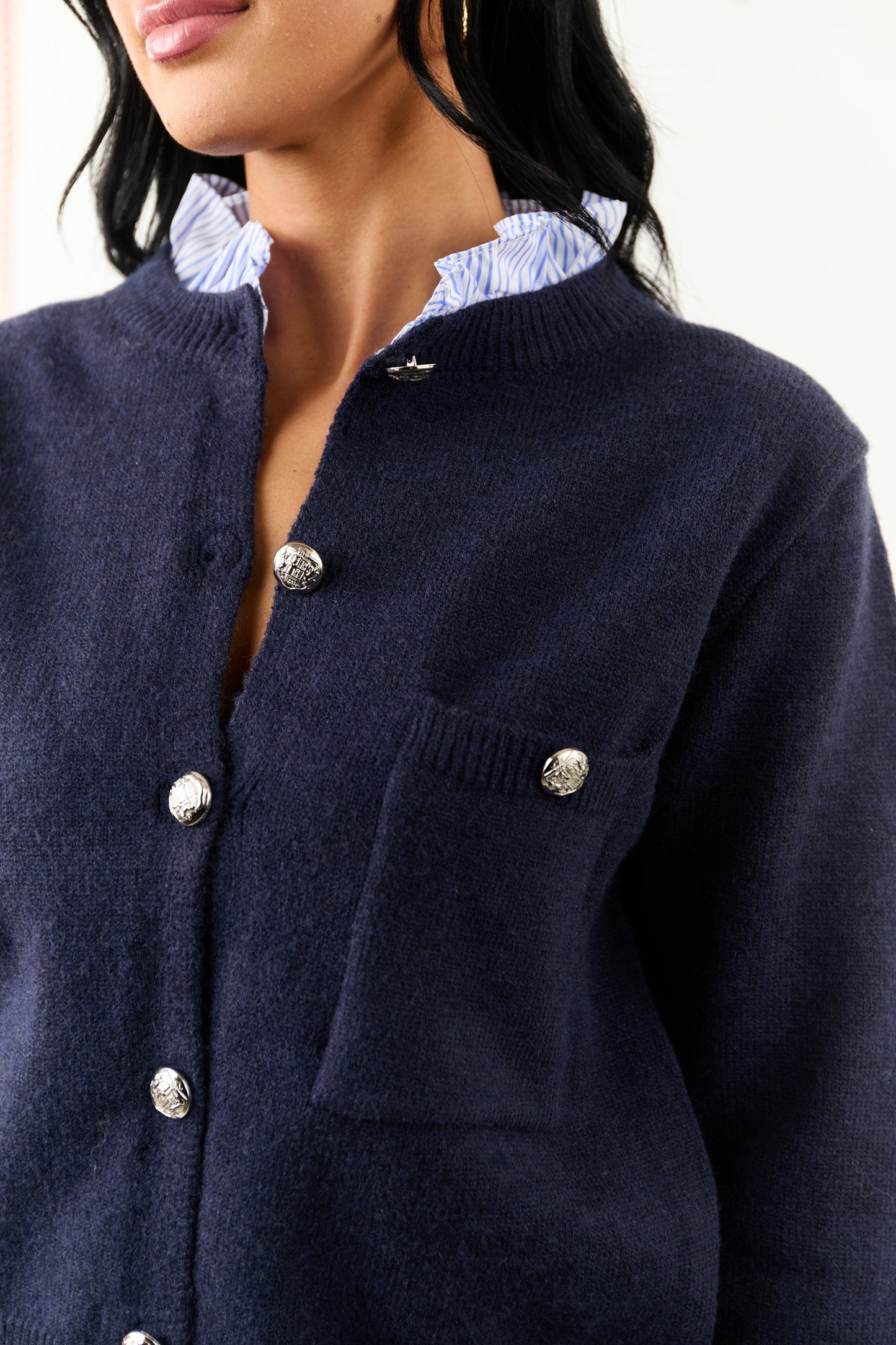 Entro Navy Contrast Ruffle Button Down Cardigan