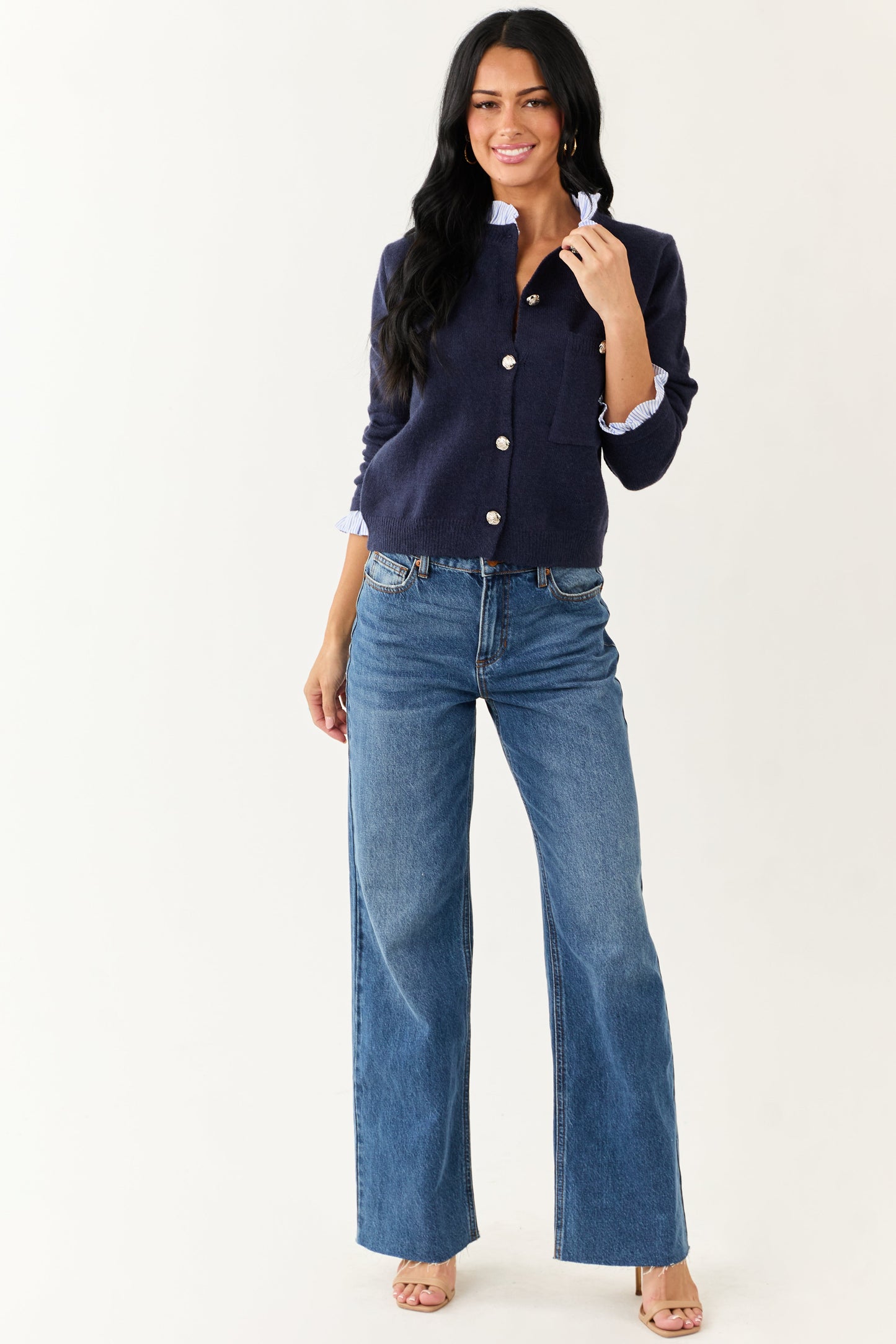 Entro Navy Contrast Ruffle Button Down Cardigan