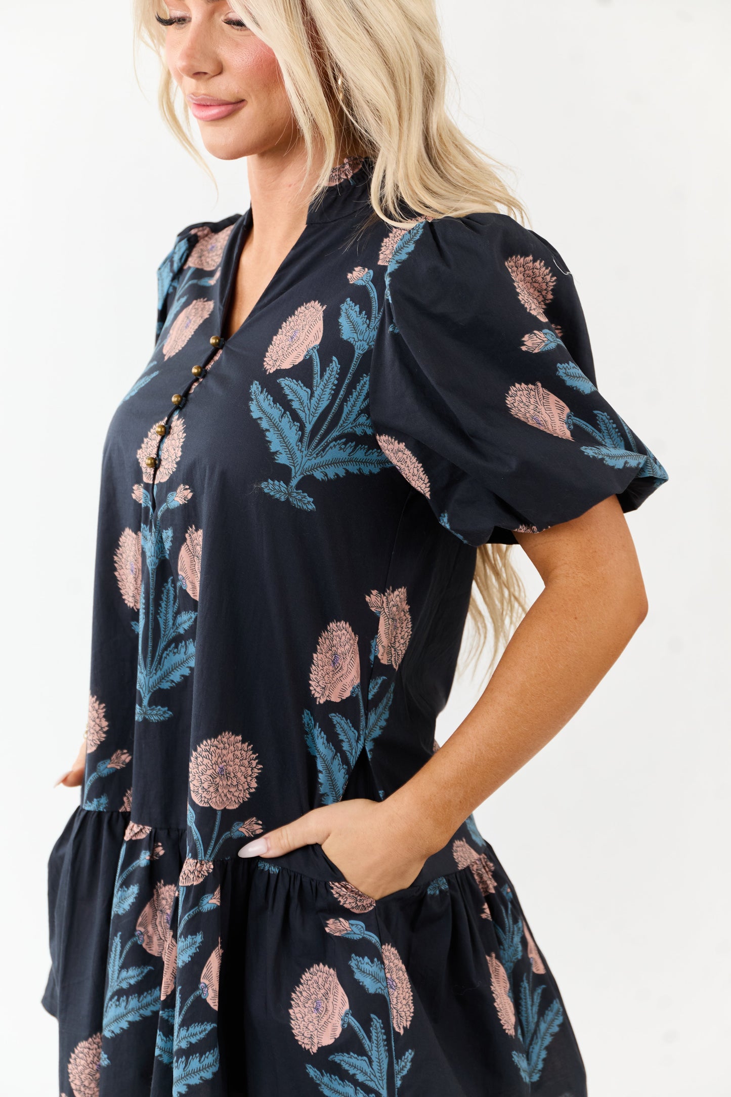 Entro Navy Floral Puff Sleeve Cotton Mini Dress