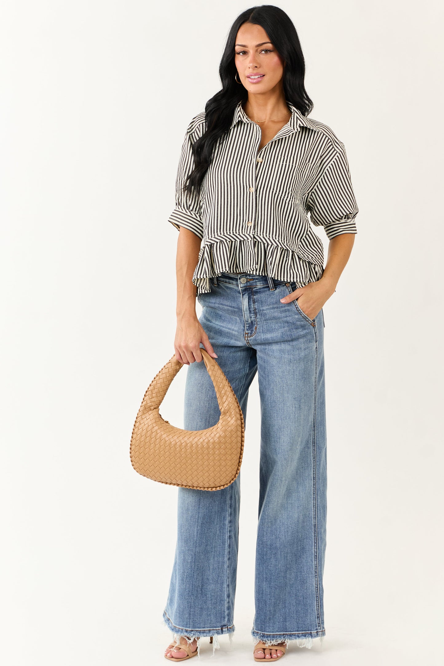 Entro Off White Railroad Stripe Ruffle Boxy Top