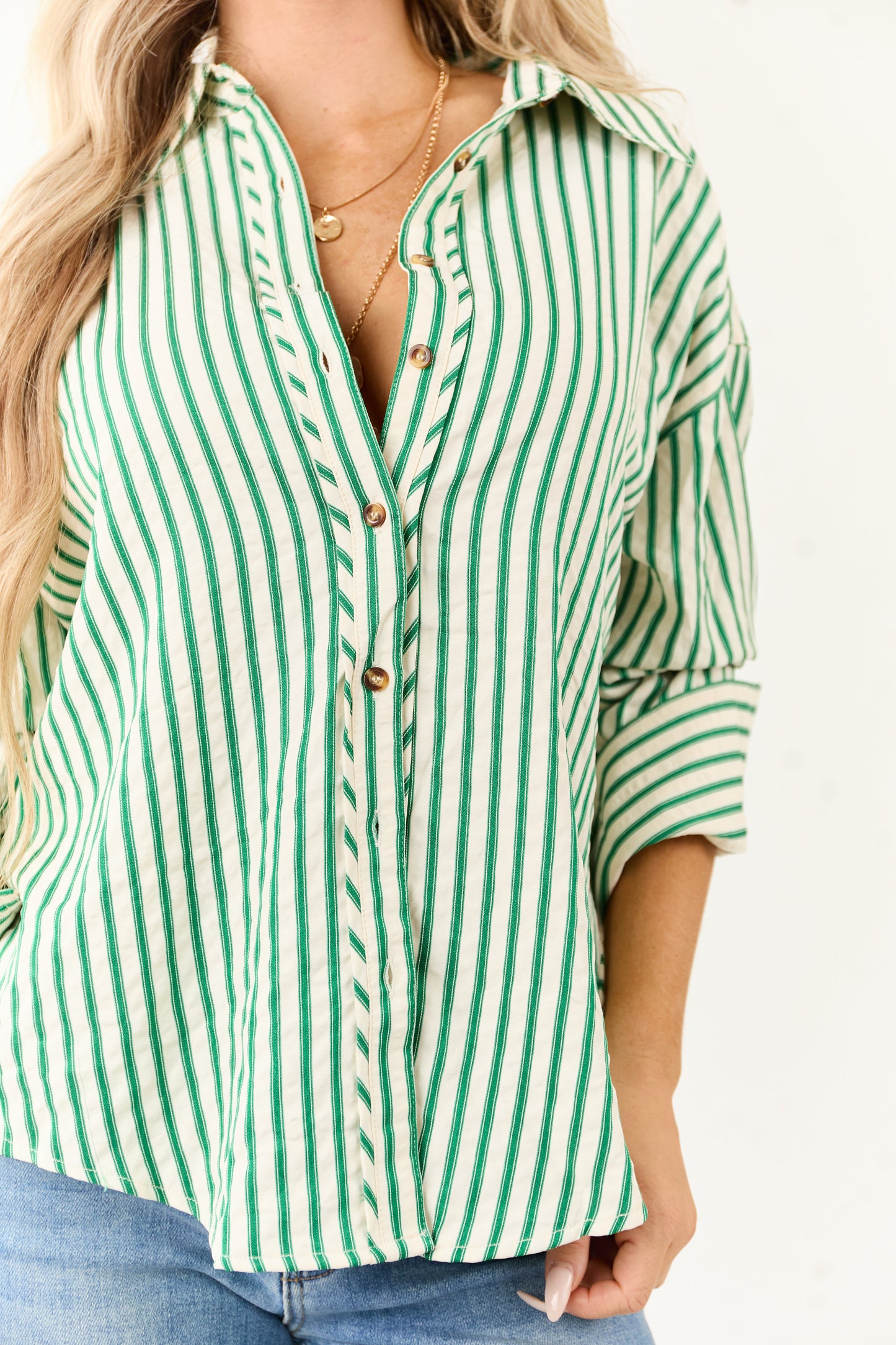 Entro Off White Striped Long Sleeve Button Up Top