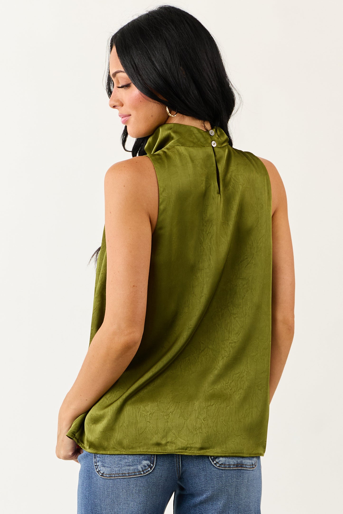 Entro Rich Olive Halter Neck Satin Tank Top