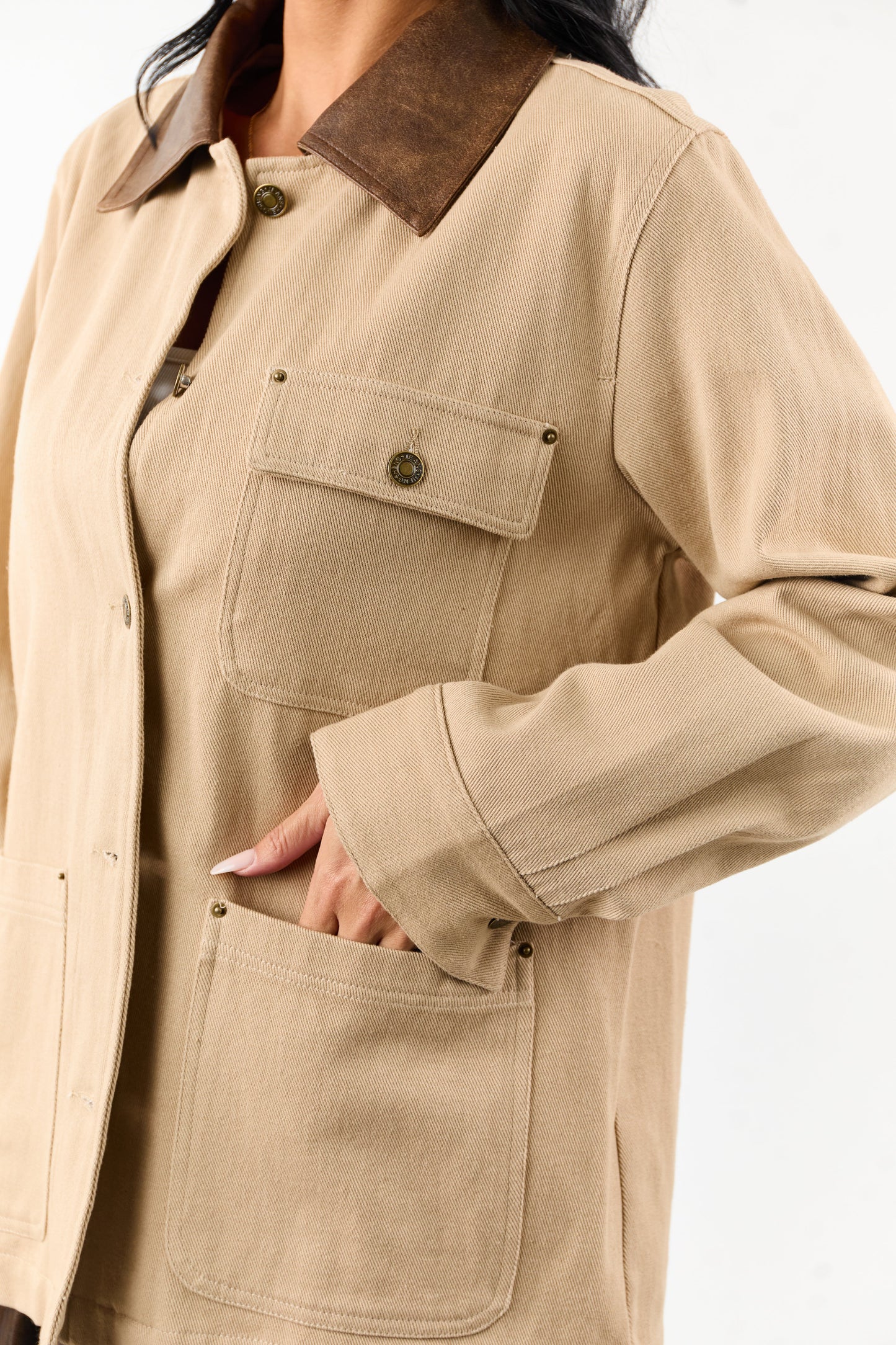 Entro Sand Denim Button Up Contrast Collar Jacket