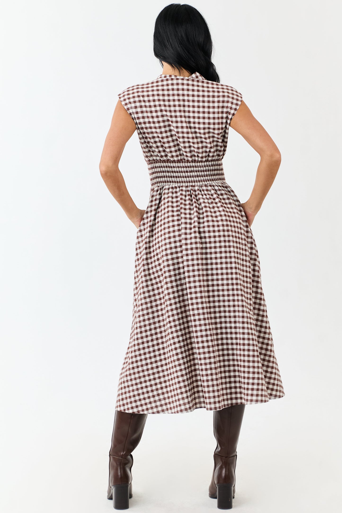Entro Sepia Gingham Zip Up Cotton Midi Dress