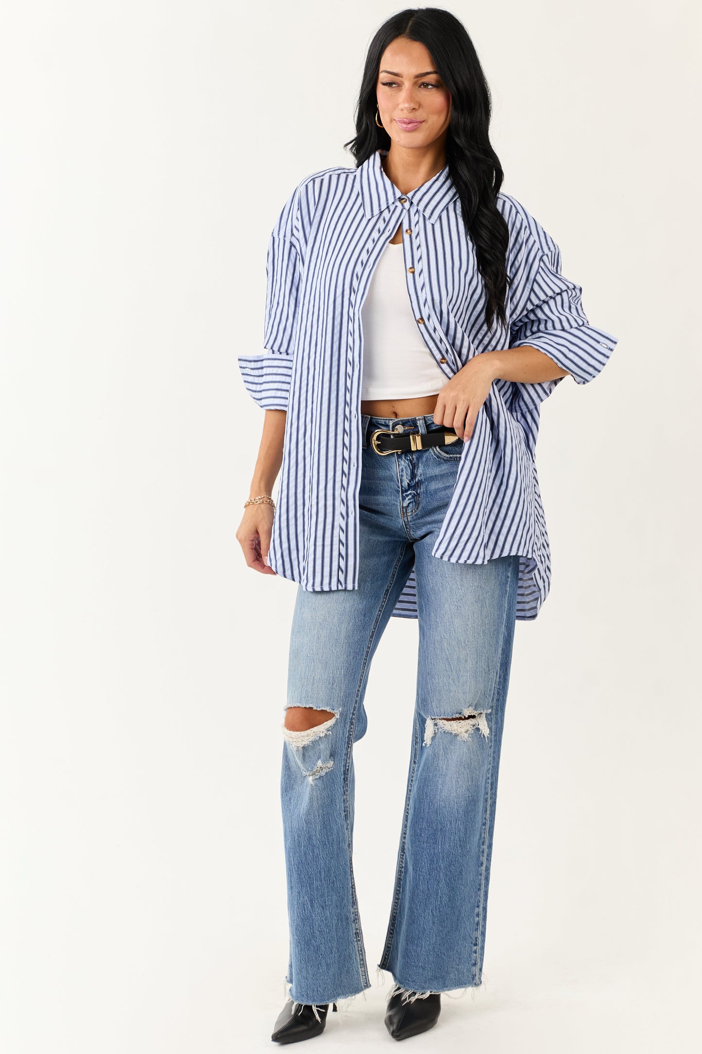 Entro Sky Blue Striped Long Sleeve Button Up Top