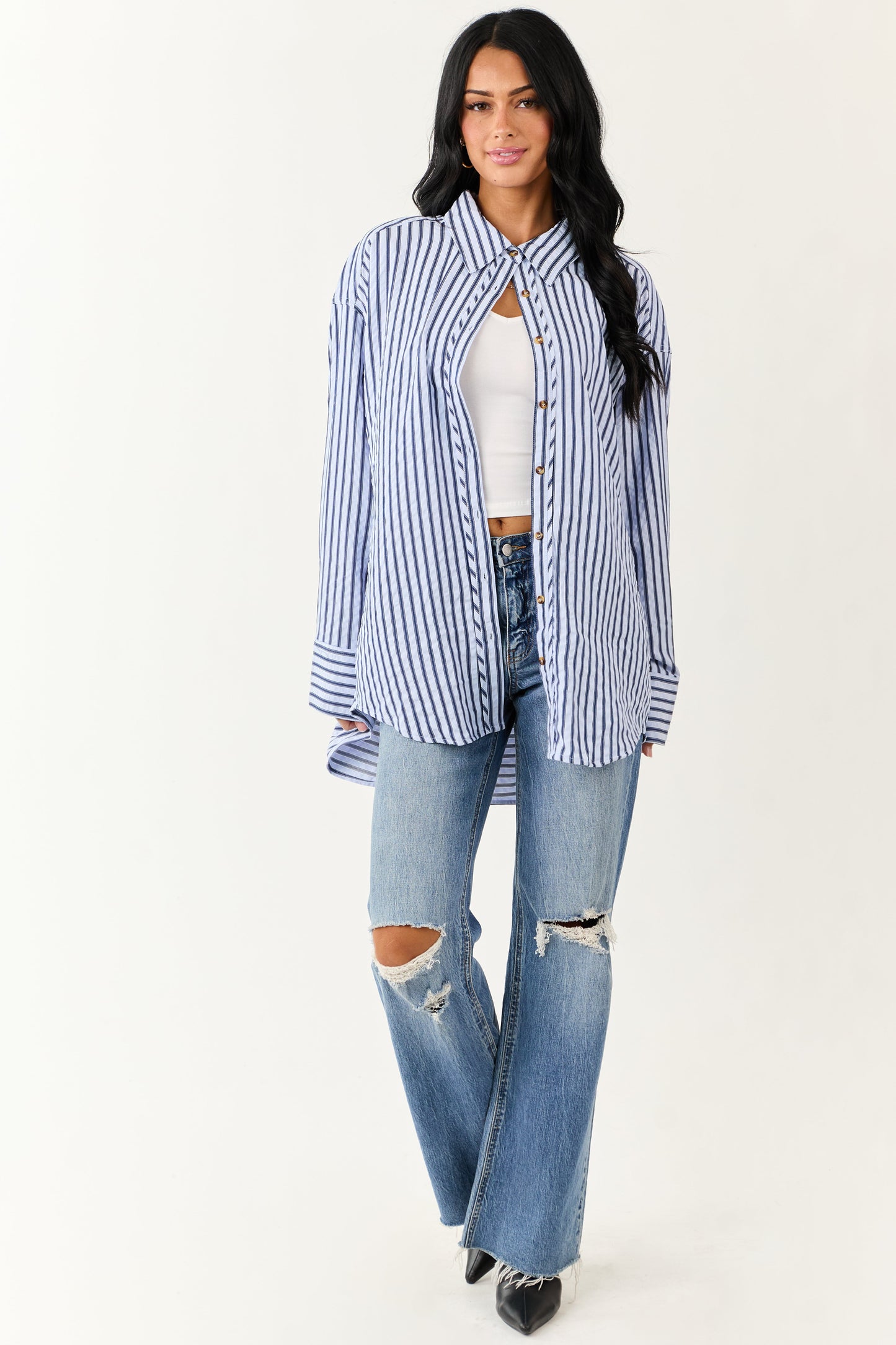 Entro Sky Blue Striped Long Sleeve Button Up Top