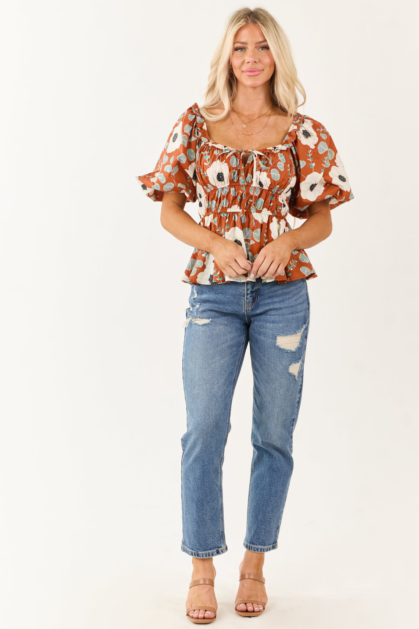 Entro Tawny Floral Smocked Waist Cotton Top