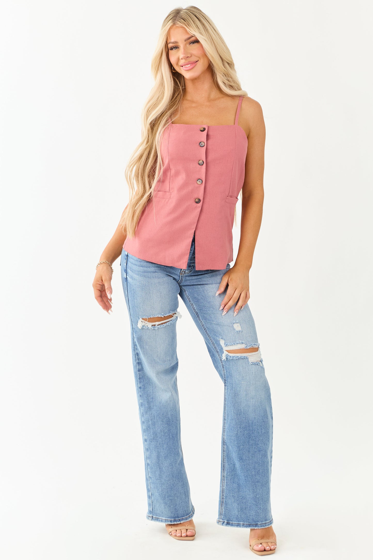 Faded Hibiscus Button Down Linen Blend Tank Top