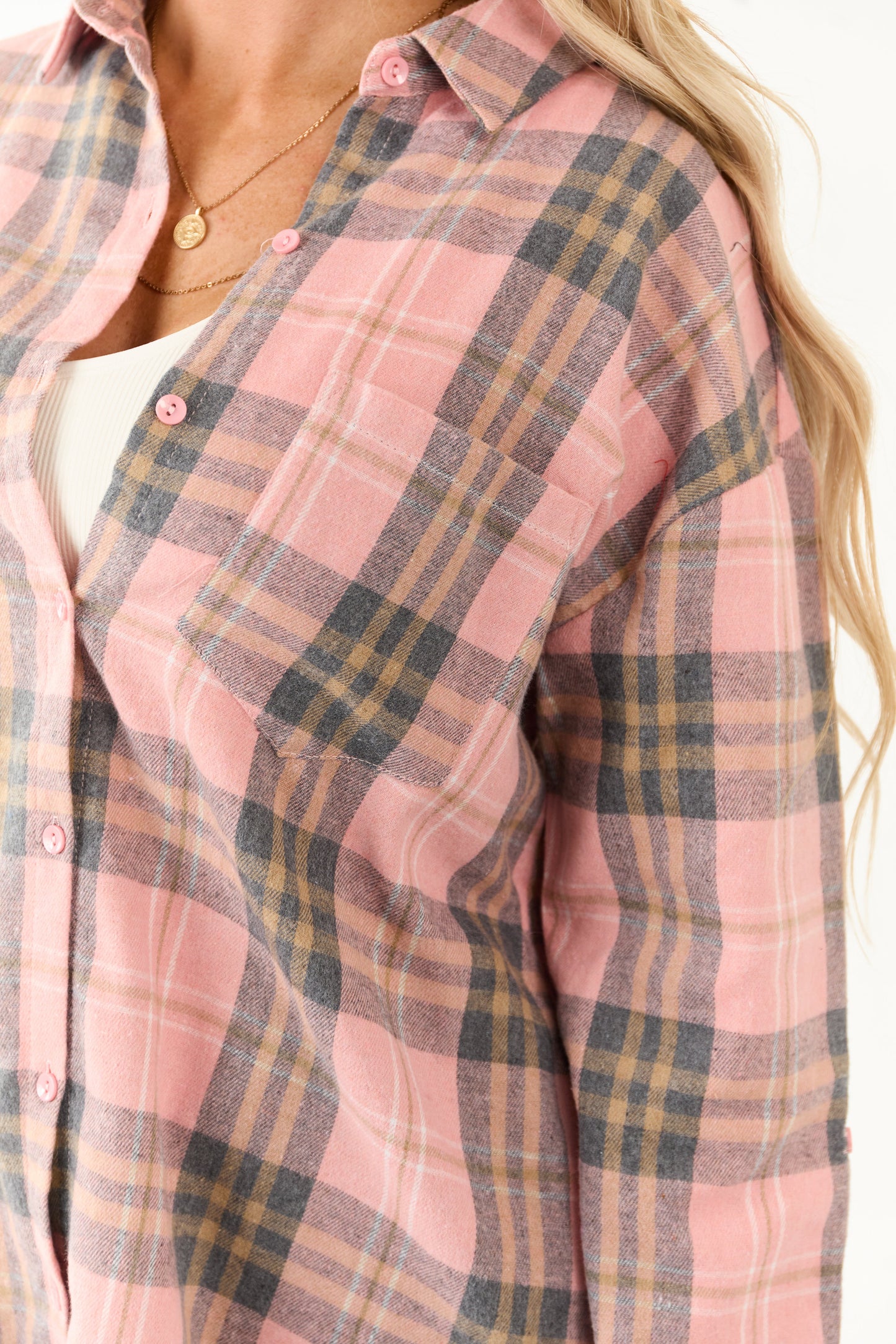 Faded Punch Plaid Flannel Long Sleeve Button Up Top