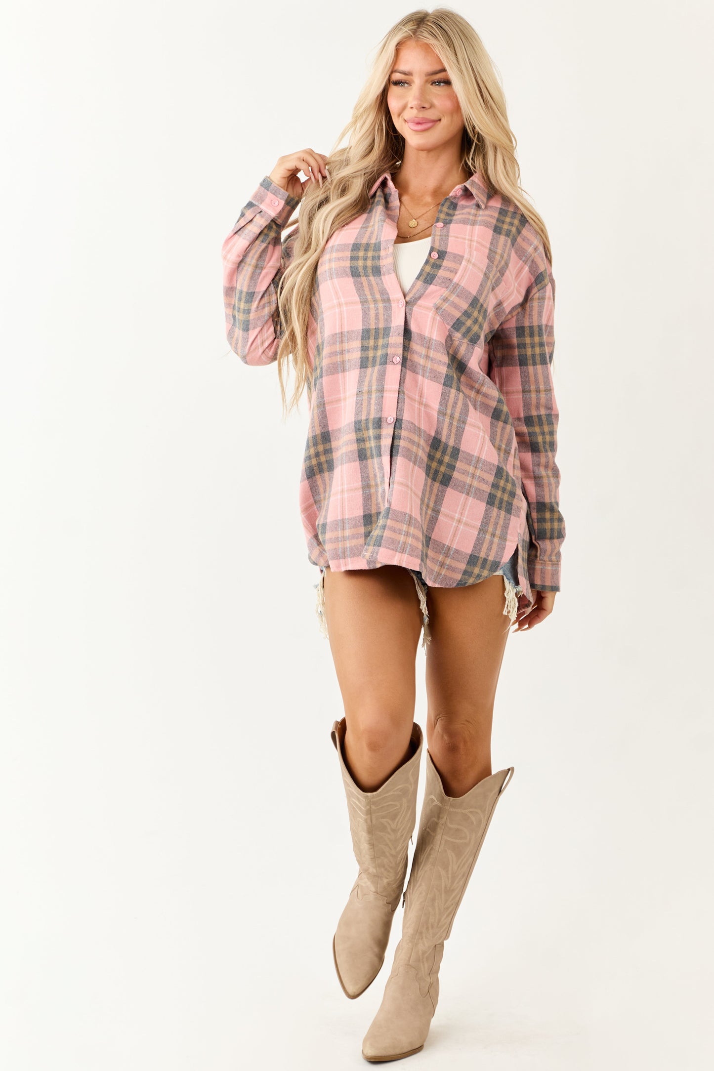Faded Punch Plaid Flannel Long Sleeve Button Up Top