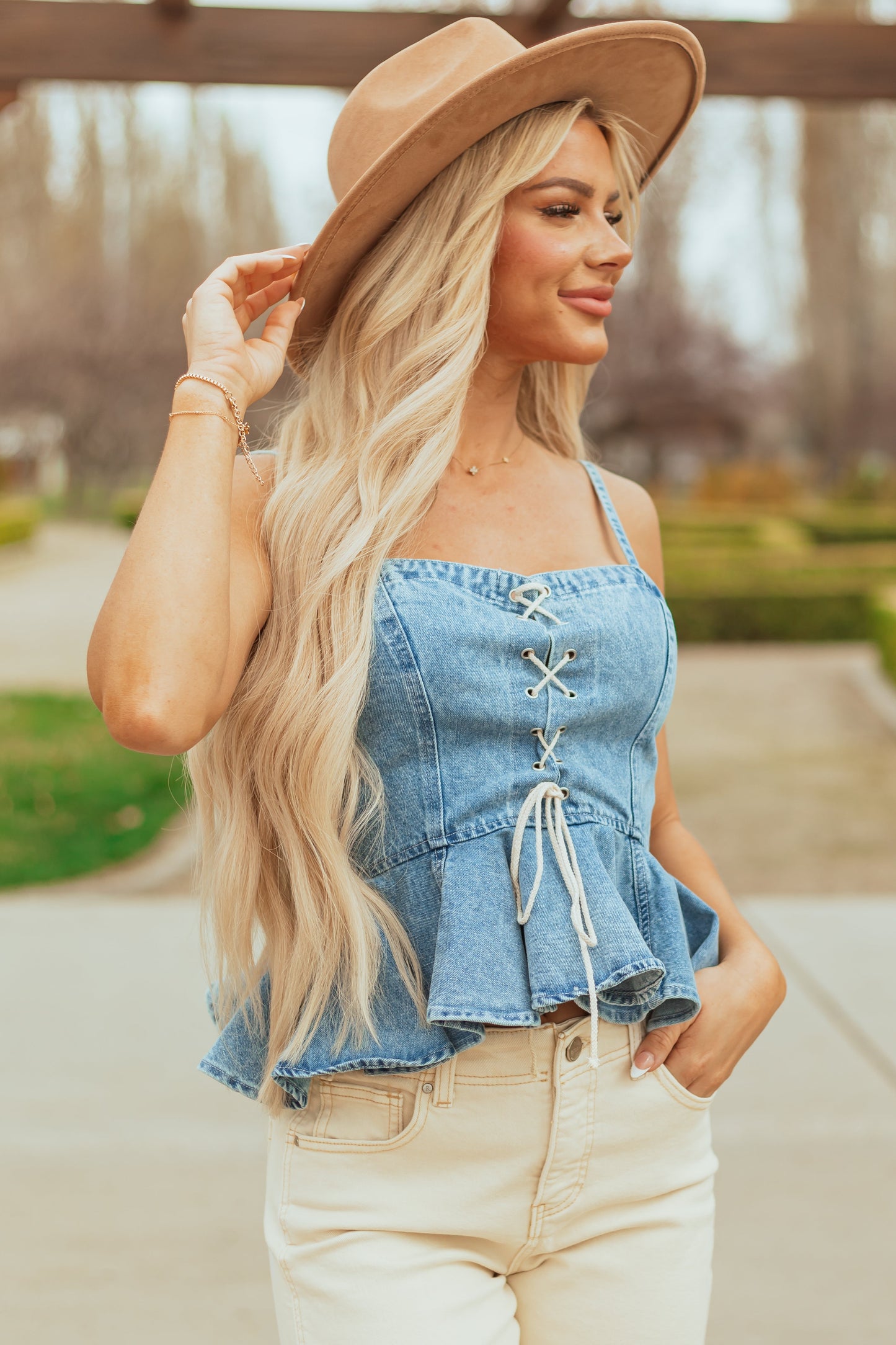 Flying Tomato Medium Denim Sleeveless Peplum Top