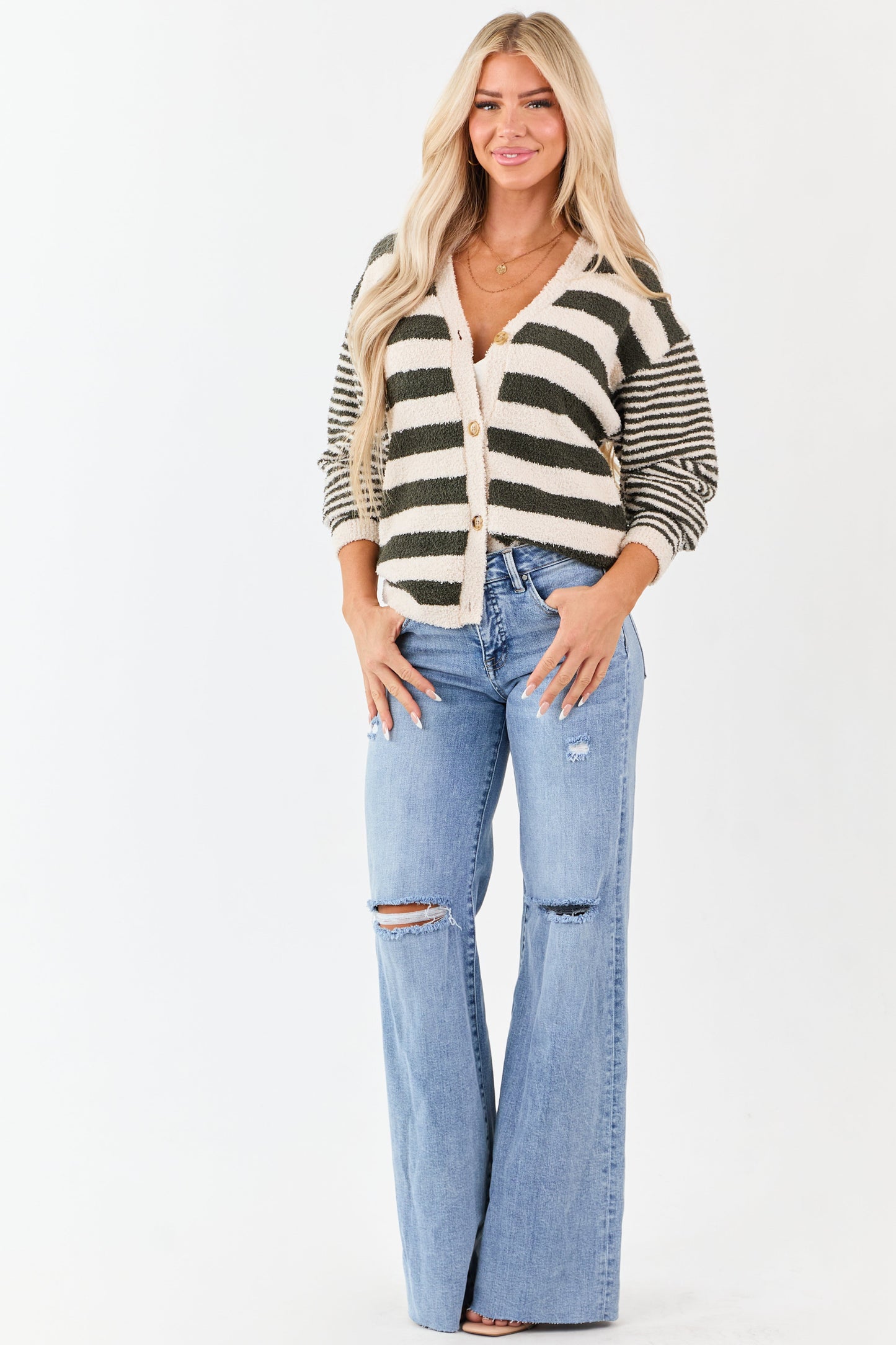 Forest Green Striped Button Down Fuzzy Knit Cardigan