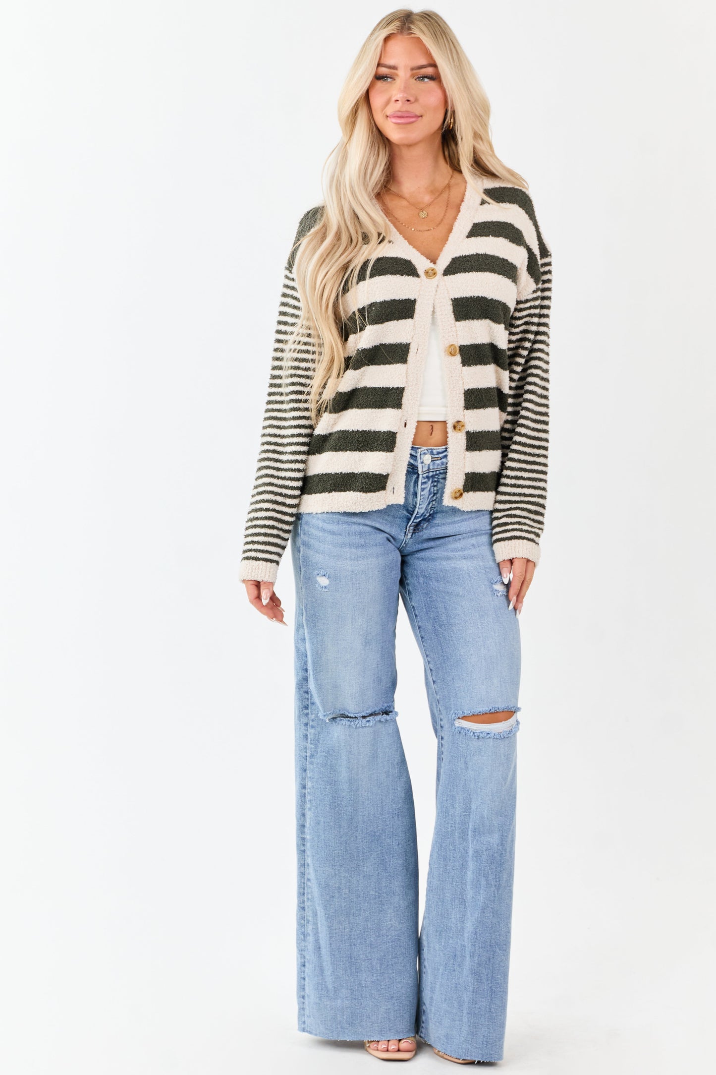 Forest Green Striped Button Down Fuzzy Knit Cardigan