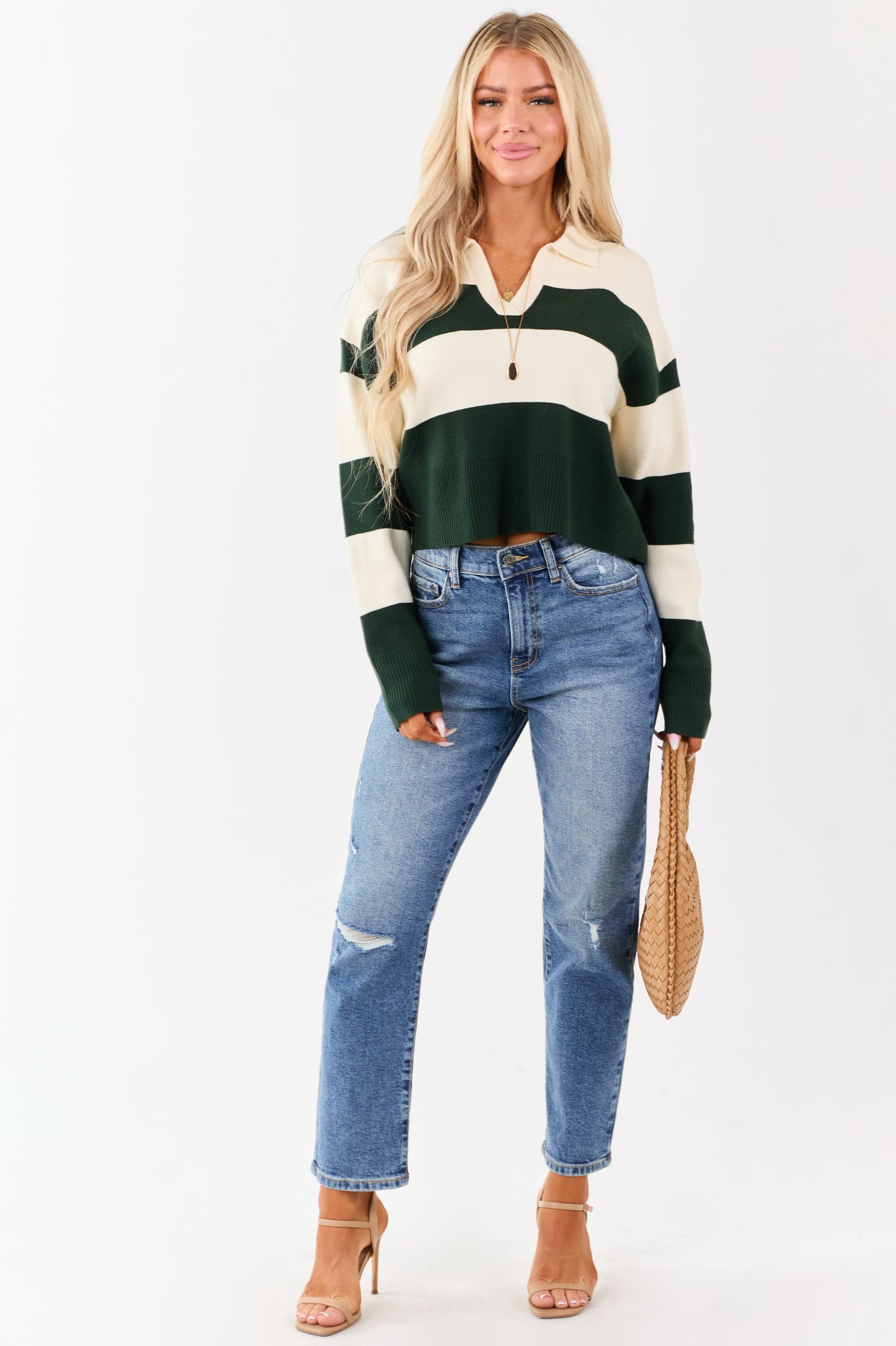 Forest Green Striped Rugby Style Sweater