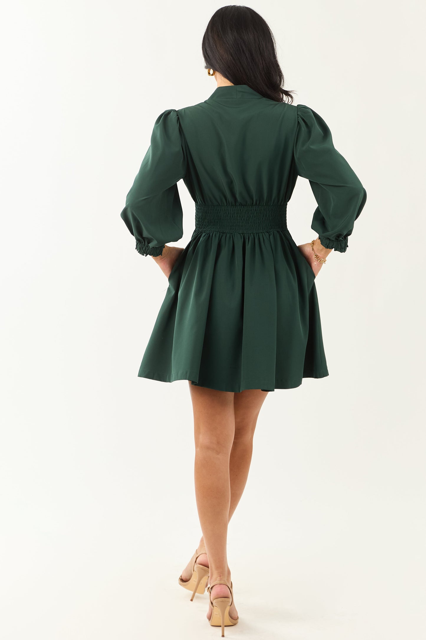 Forest Green Zip Up Smocked Waist Mini Dress