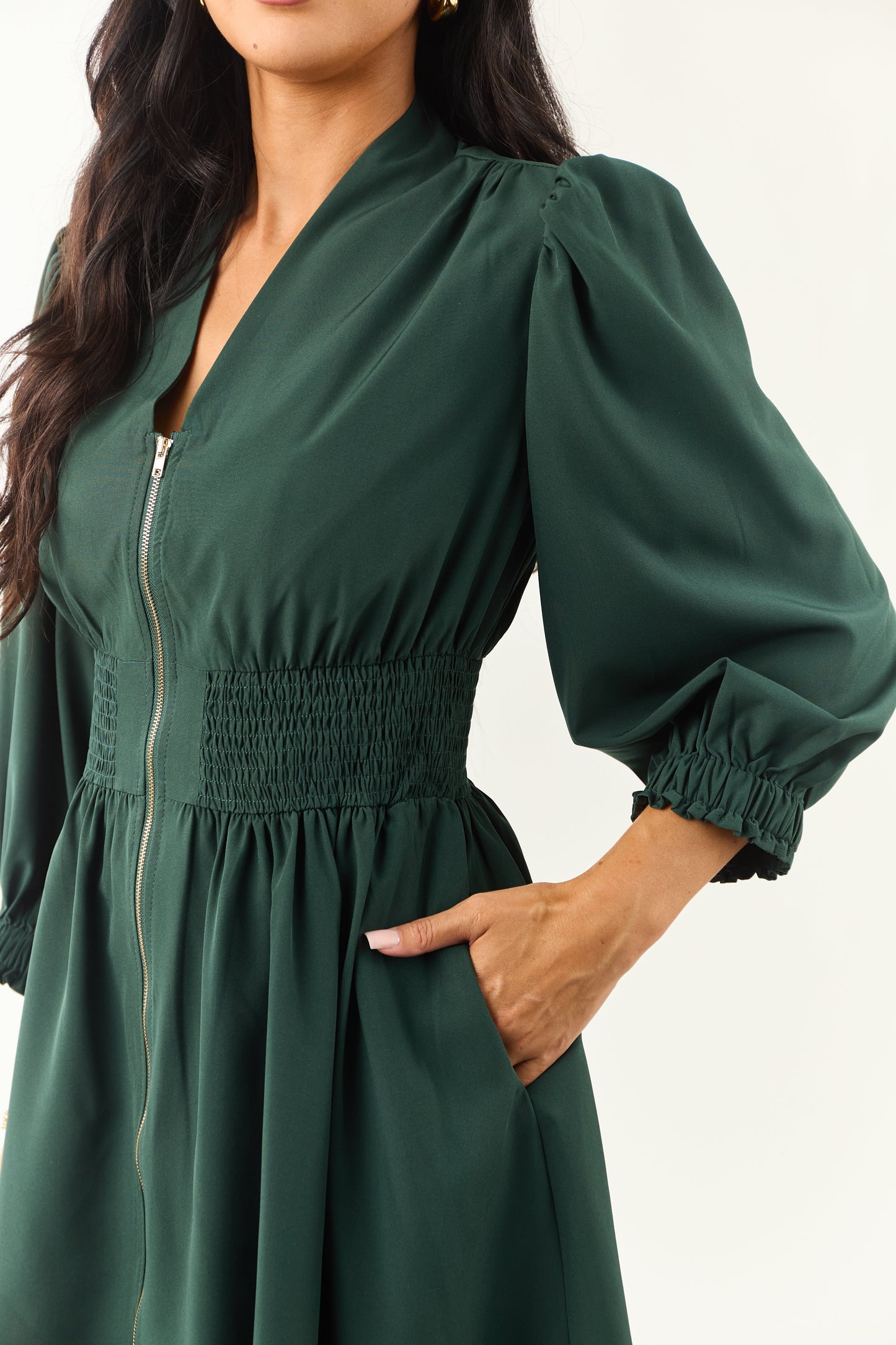 Forest Green Zip Up Smocked Waist Mini Dress