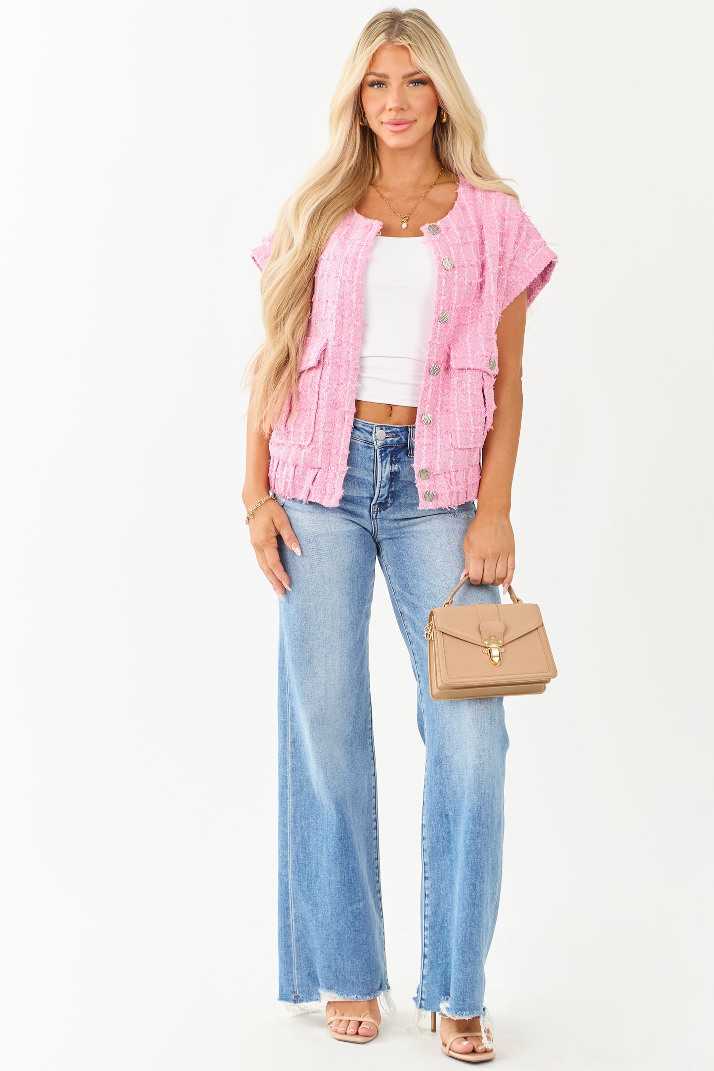 Fuchsia Tweed Button Down Short Sleeve Top
