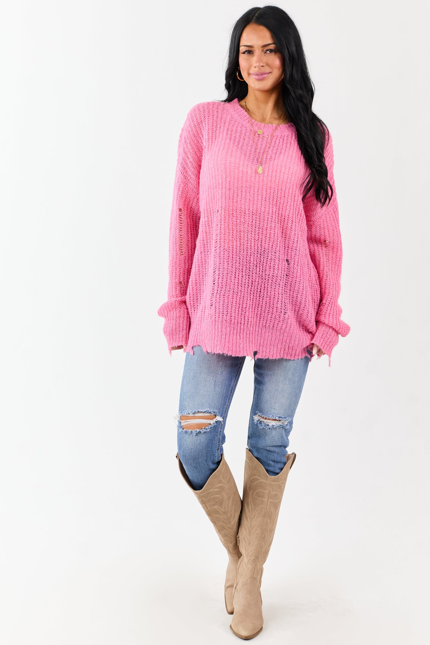 Fuchsia Wool Blend Distressed Ribbed Knit Sweater
