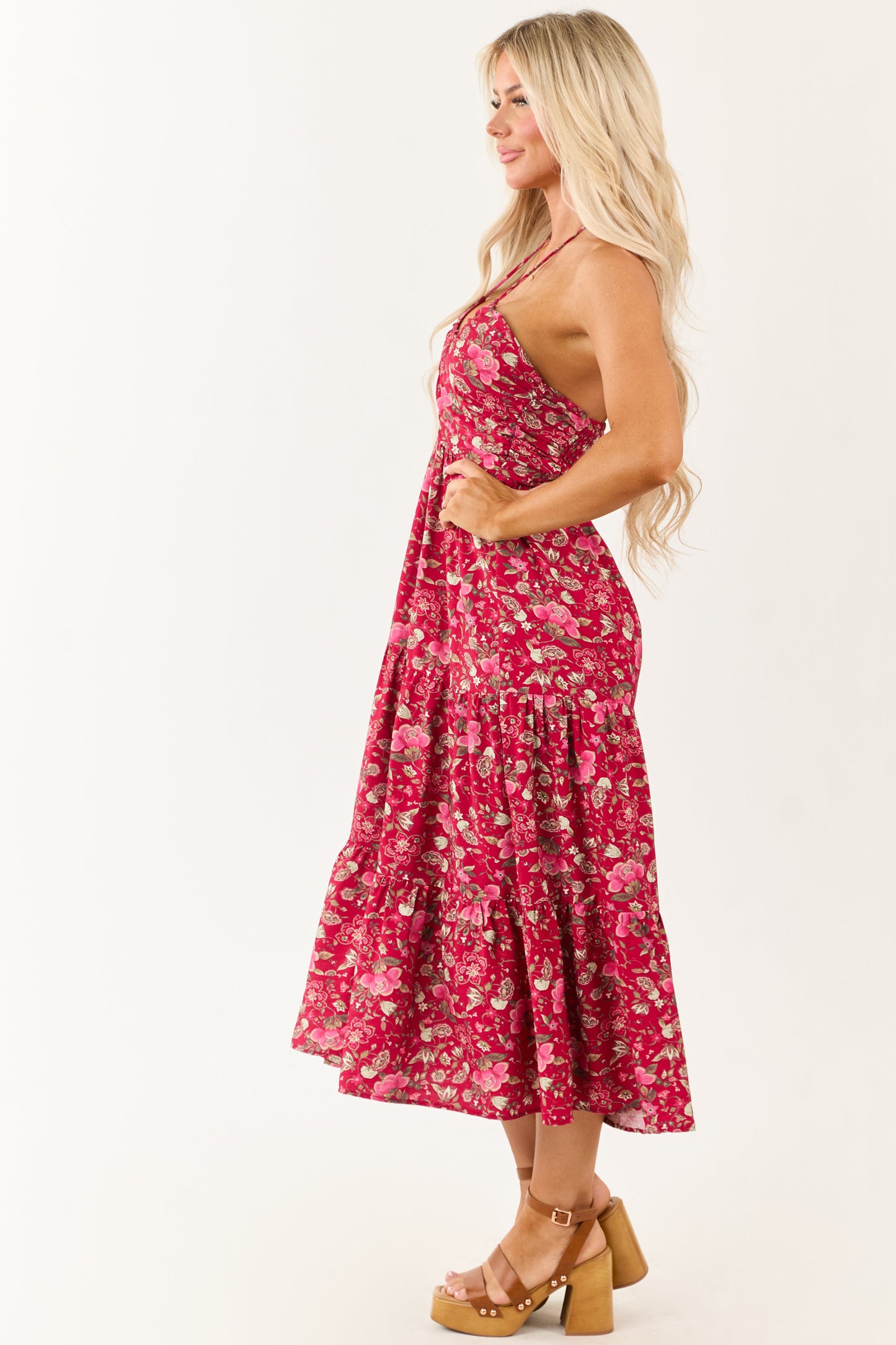 Hibiscus Floral Print Halter Tie Neck Midi Dress