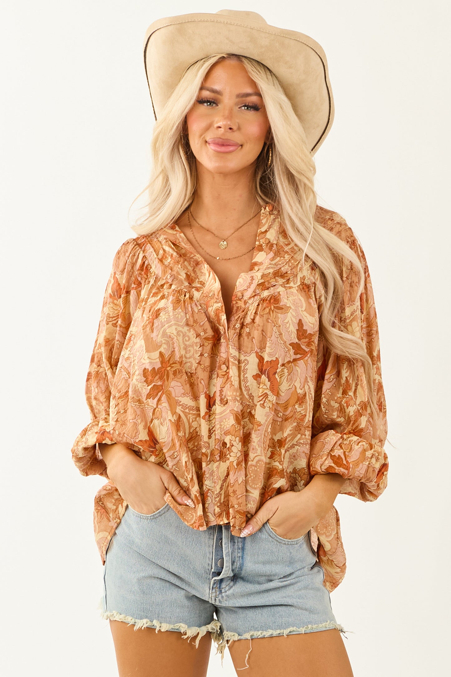 Honeysuckle Paisley Floral Buttoned Pleated Top