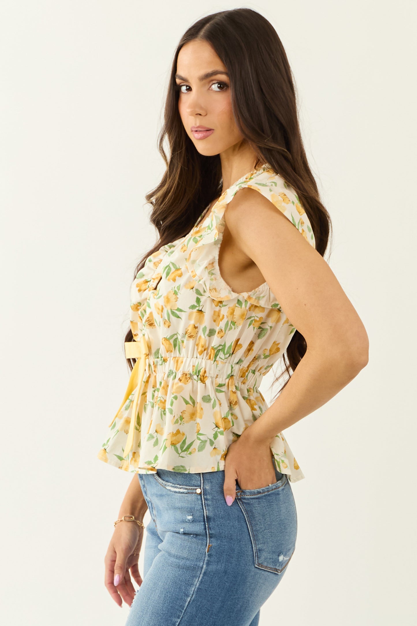 Ivory Floral Print Cotton Ruffle Cap Sleeve Top