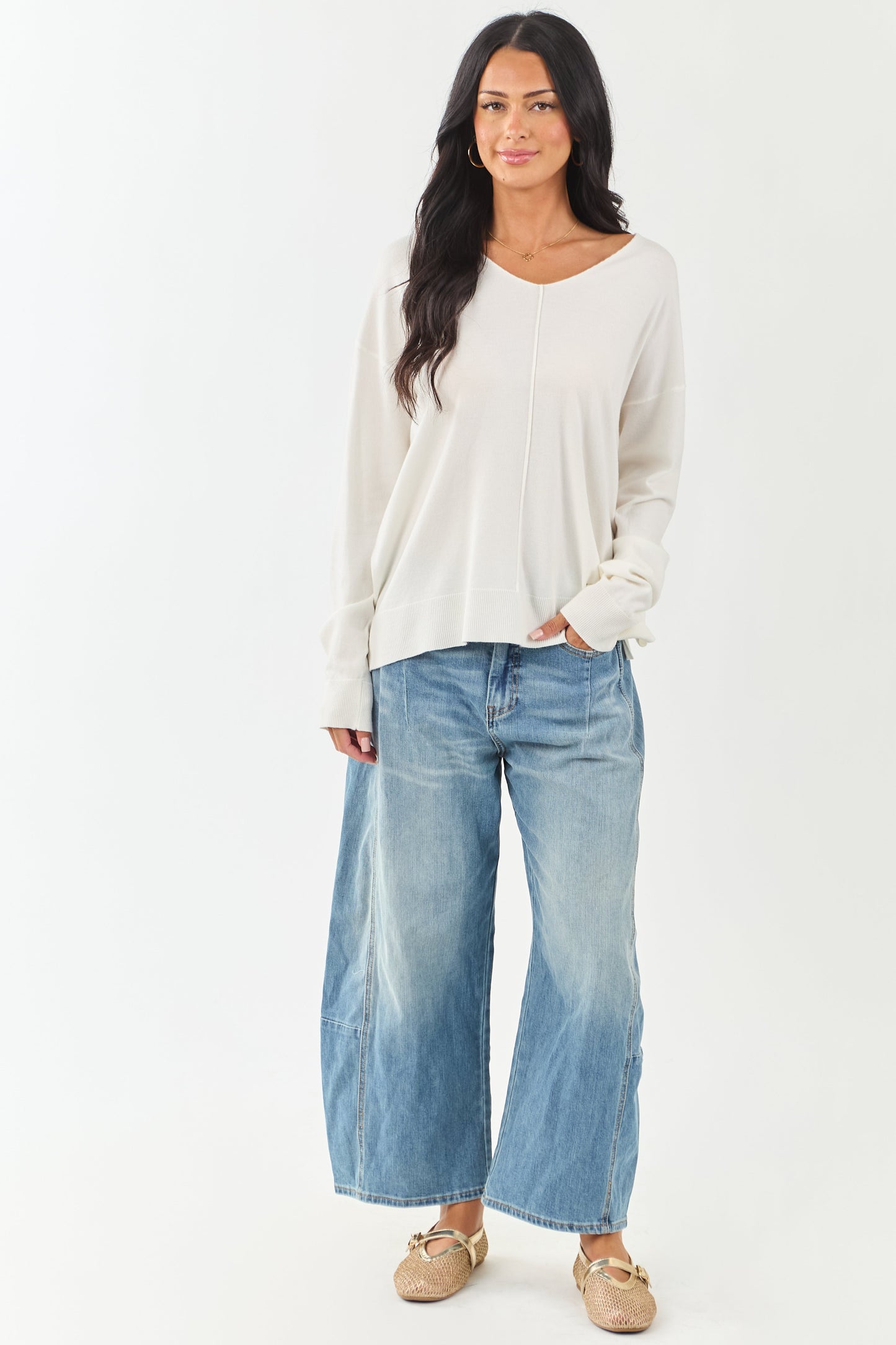 Ivory Ribbed Knit Relaxed V Neck Sweater Top