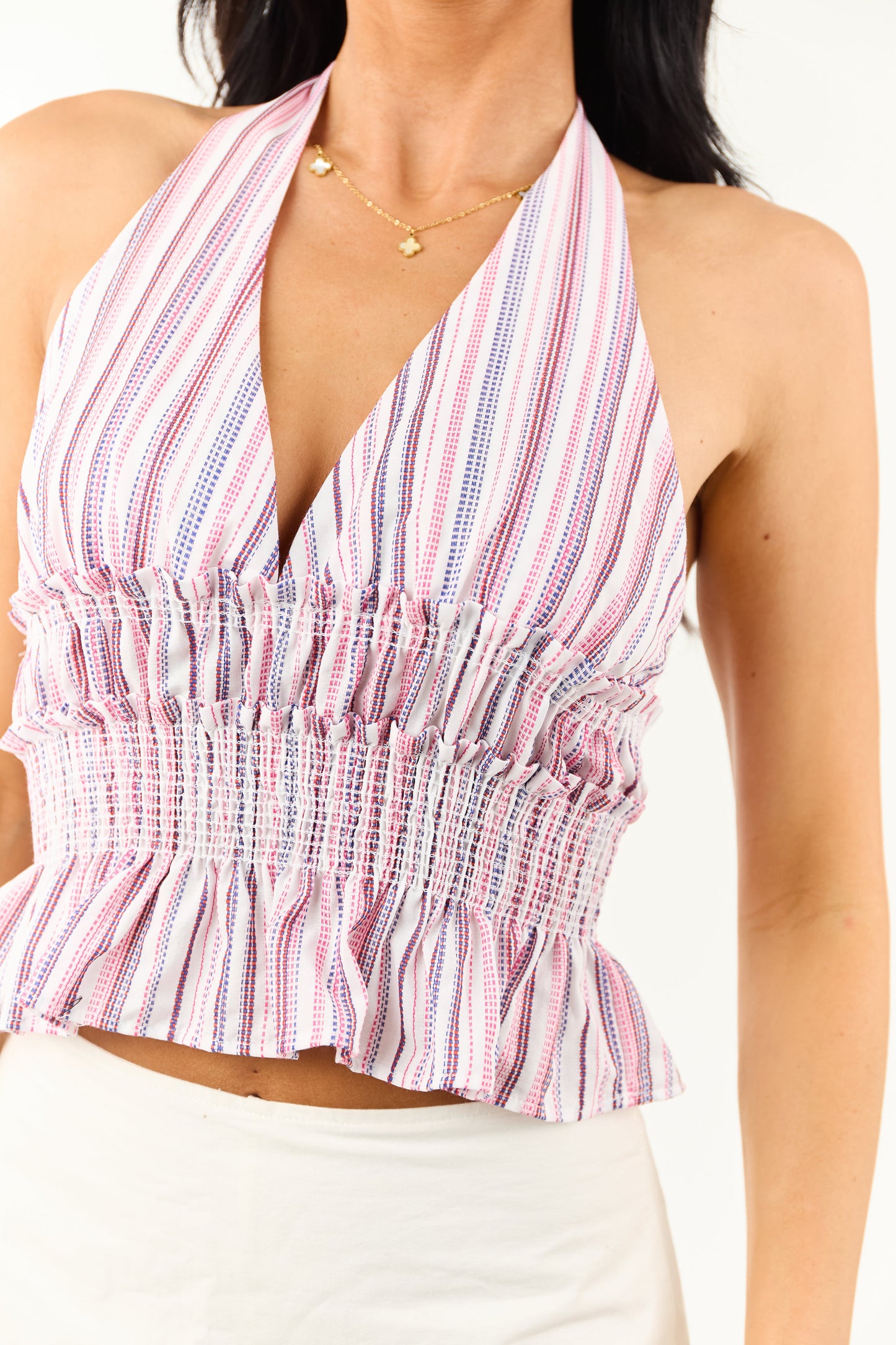 Ivory Striped V Neck Halter Cotton Crop Top
