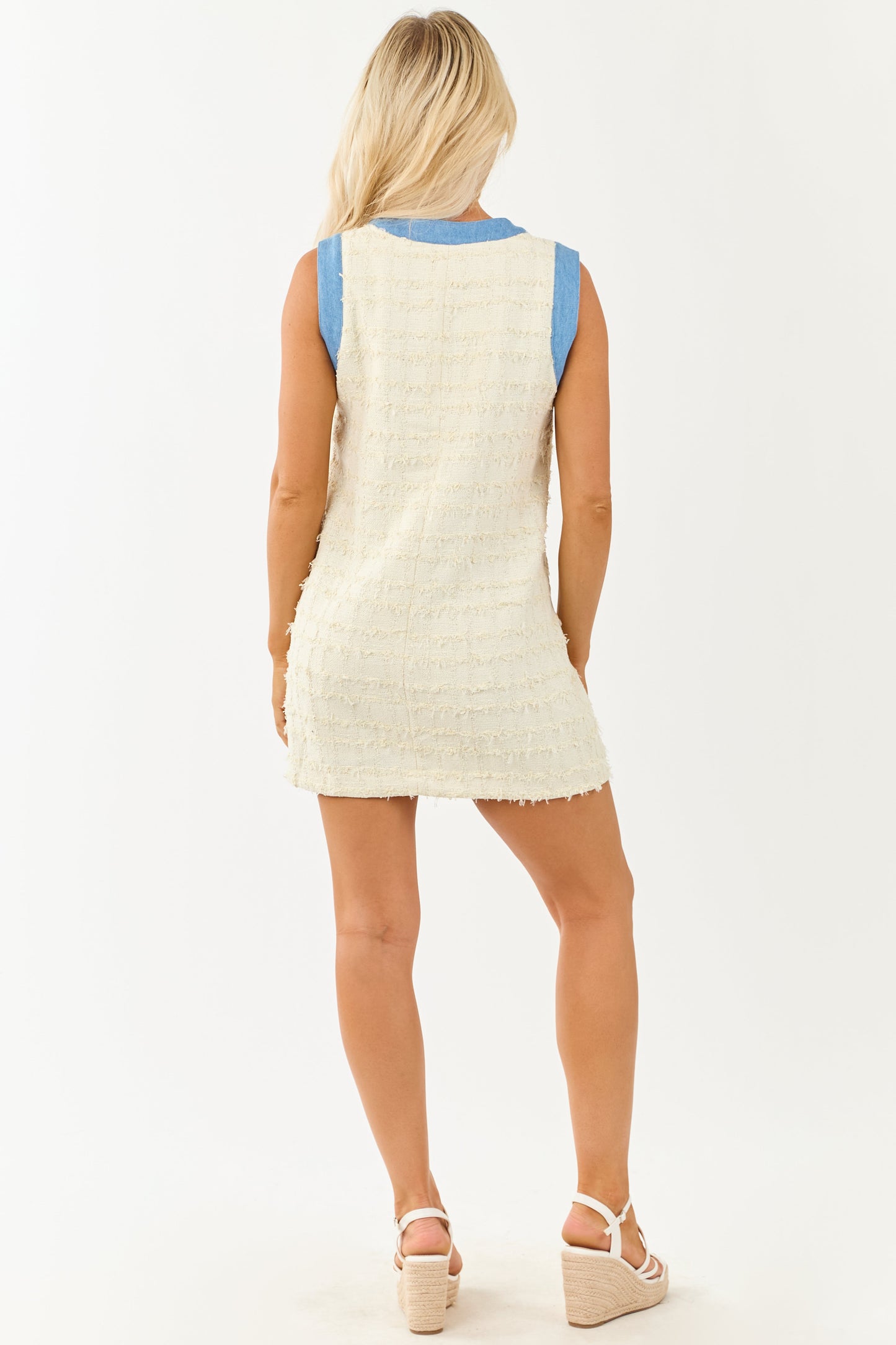Ivory Tweed Button Down Sleeveless Mini Dress