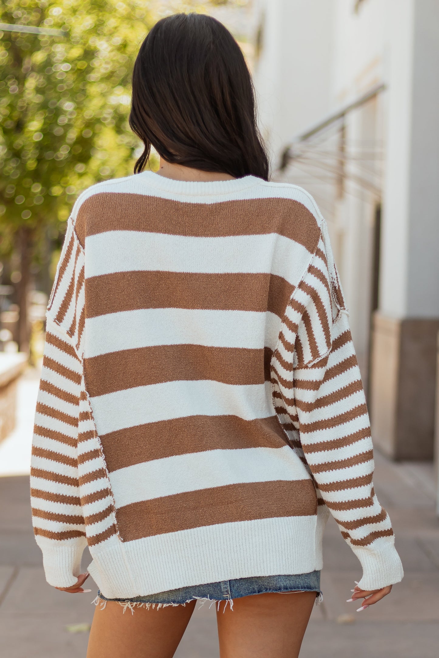 Ivory and Coffee Multi Striped Relaxed Sweater