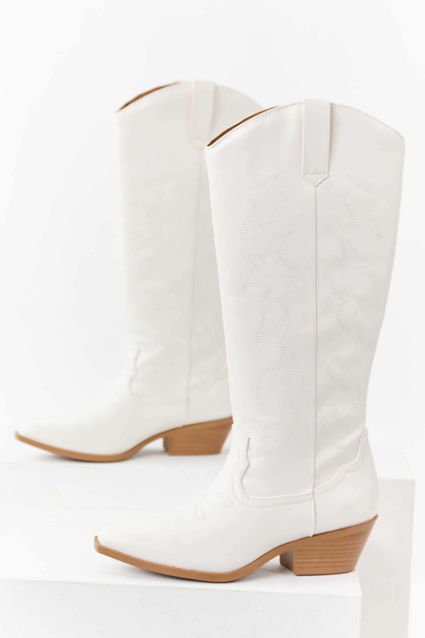 Ivory Faux Leather Western Embroidered Tall Boots