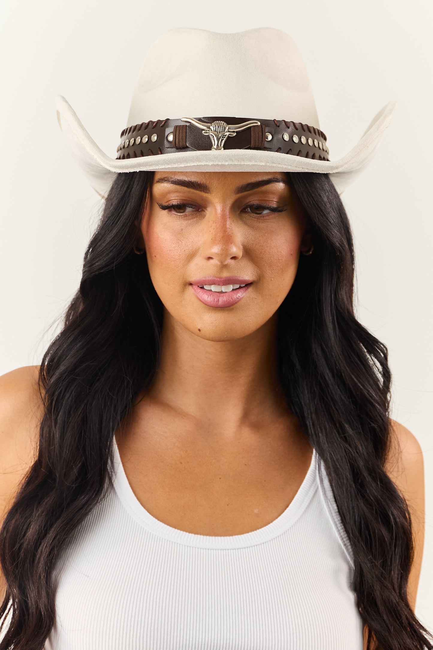 Ivory Faux Suede Longhorn Detail Cowboy Hat