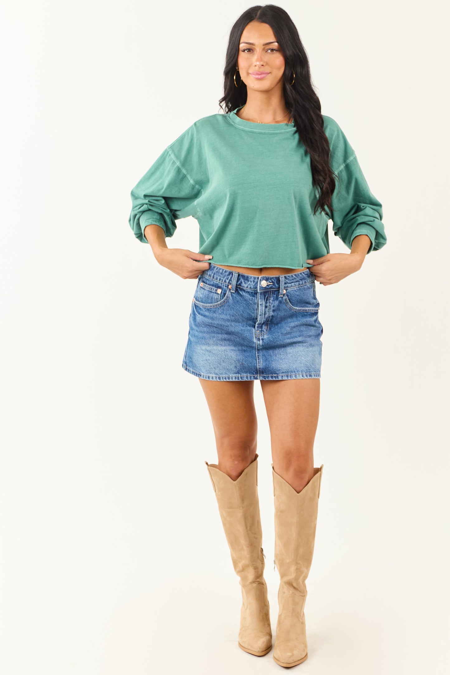 Jungle Green Washed Long Sleeve Cotton Top