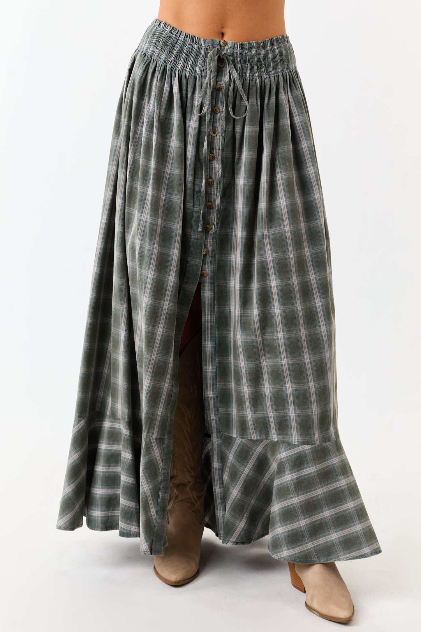 Juniper Plaid Flannel Button Front Cotton Maxi Skirt